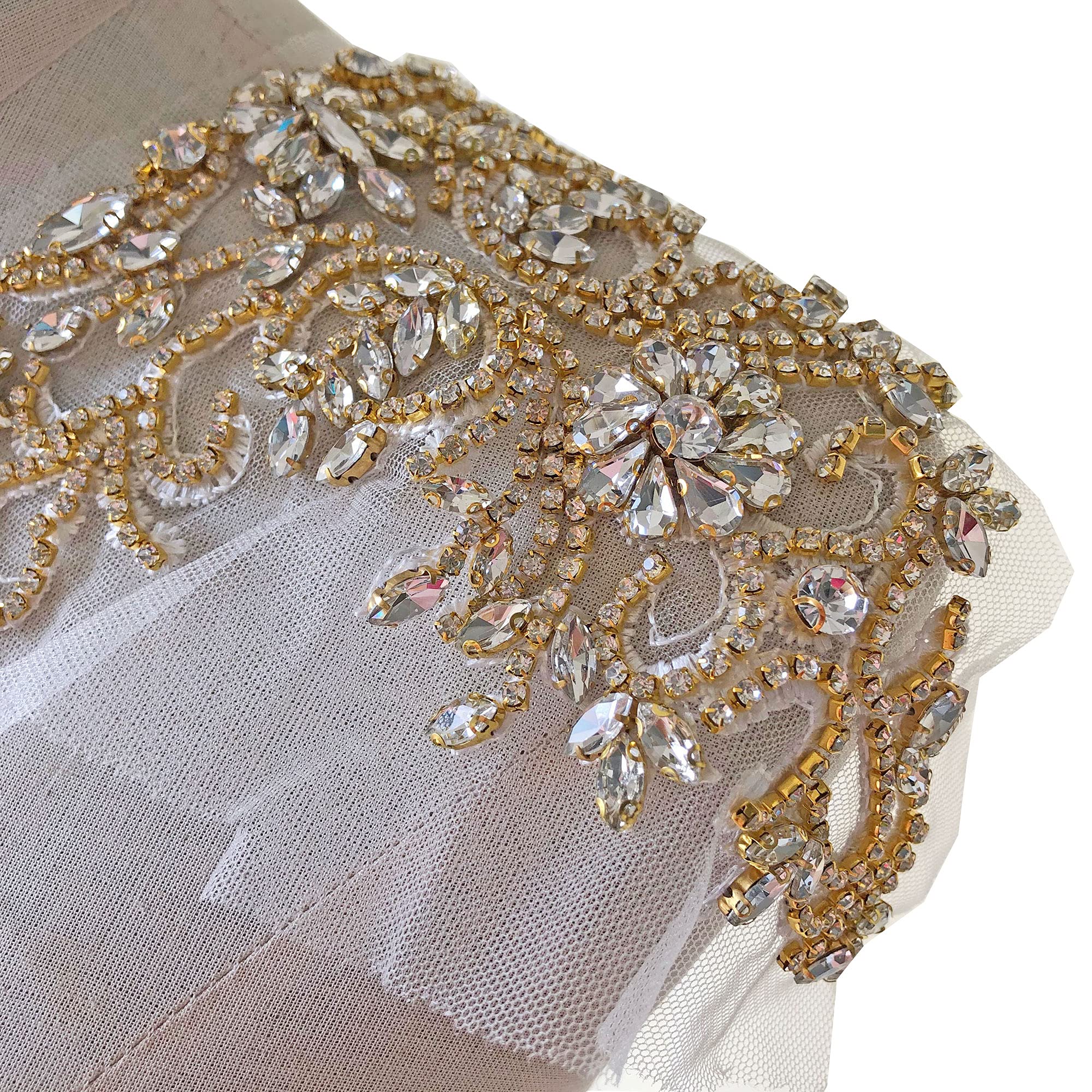 gelvsSparkle Rhinestone Applique Wedding Dress Accessories Beaded Patch V-Neck Crystal Neckline Gold Color