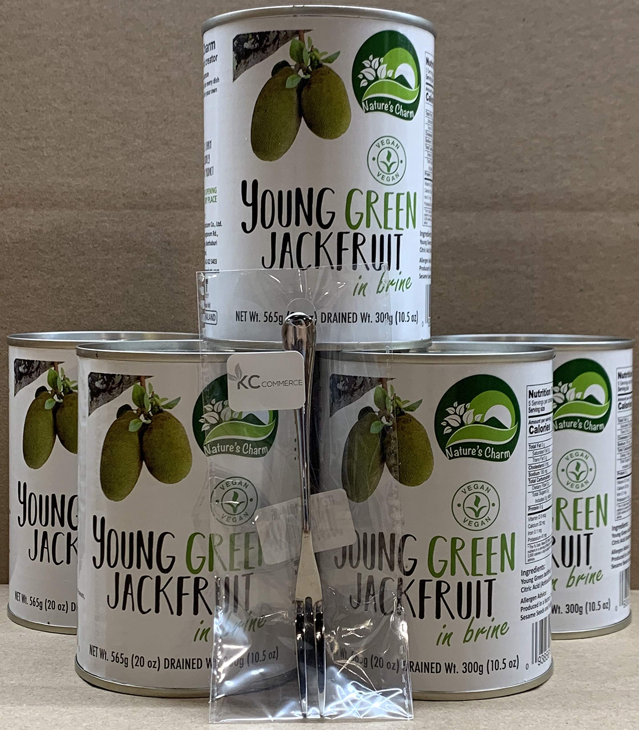 Nature's Charm Young Green Jackfruit in Brine 20oz Bundle With KC Commerce Stainless Steel Fork (Pack of 6)