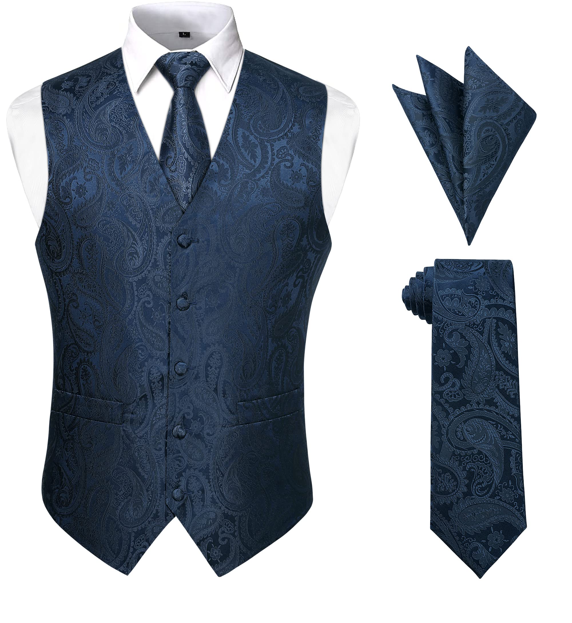 Mens  Vest  Tie Set Classic 3pc Paisley  Vest  and Necktie Pocket Square Formal Dress Waistcoat for Suit or Tuxedo