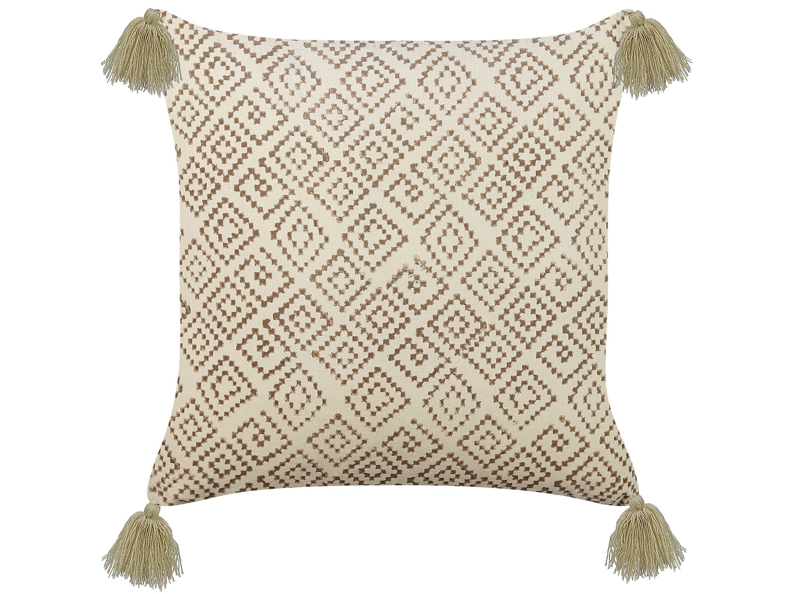 Decorative Velvet Block Printed Throw Pillow Geometric Pattern 45x45 cm Beige Santolina