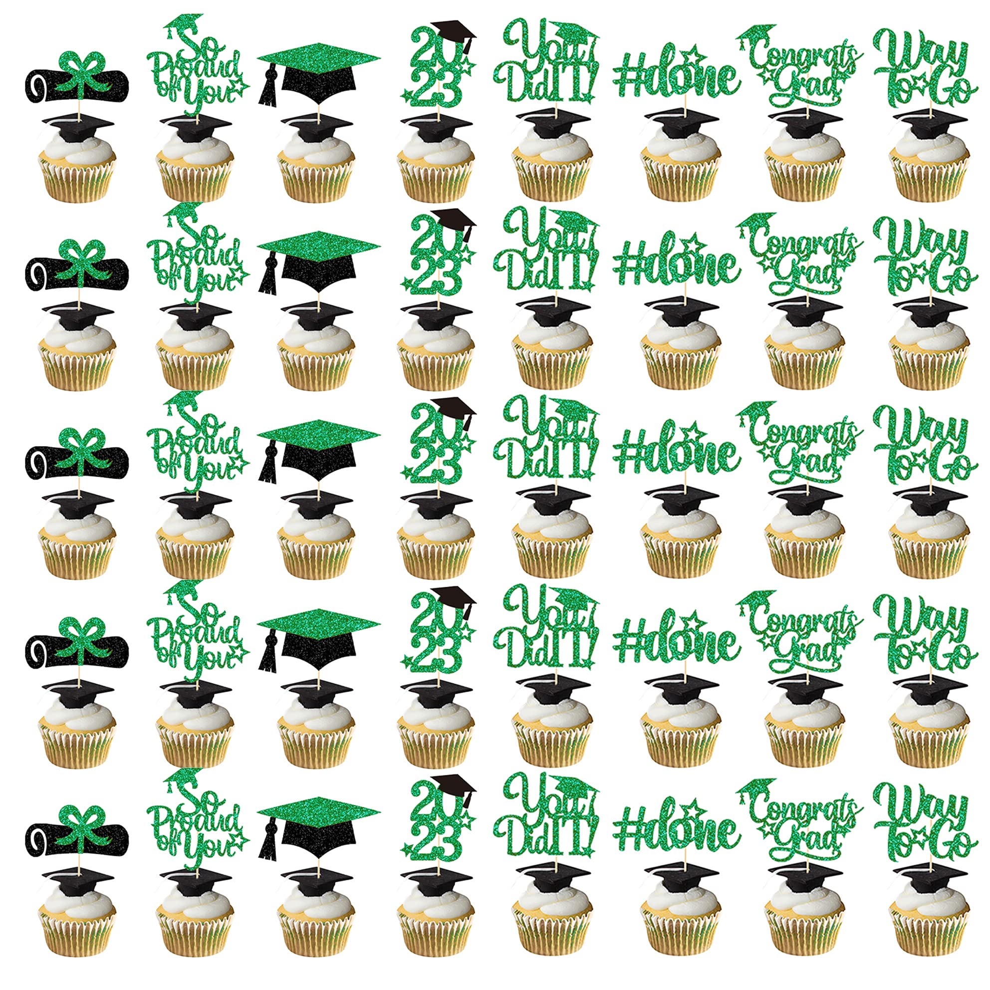 40Pcs Graduation Cupcake Toppers 2023 Green and Black Glitter Class of 2023 Graduation Cupcake Toppers,Diploma Grad Cap Cake Toppers Picks,Graduation Party Decorations 2023,Graduation Party Supplies