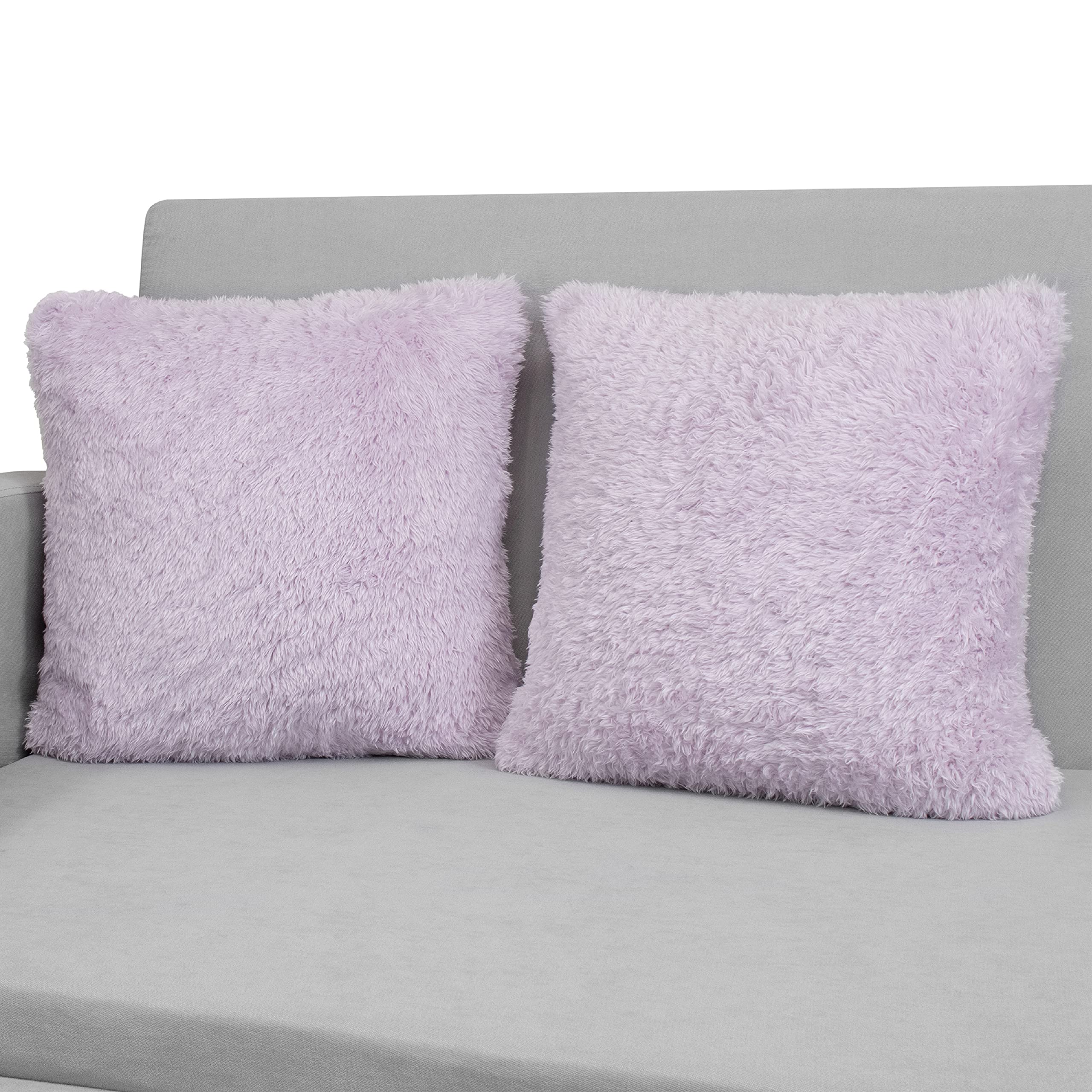 PAVILIA Decorative Sherpa Throw Pillow Covers, Set of 2, 18x18, Purple Lavender Fluffy Pillow Cases for Couch, Bed, Sofa|Soft Accent Cushion Cover, Shaggy Living Room Decor