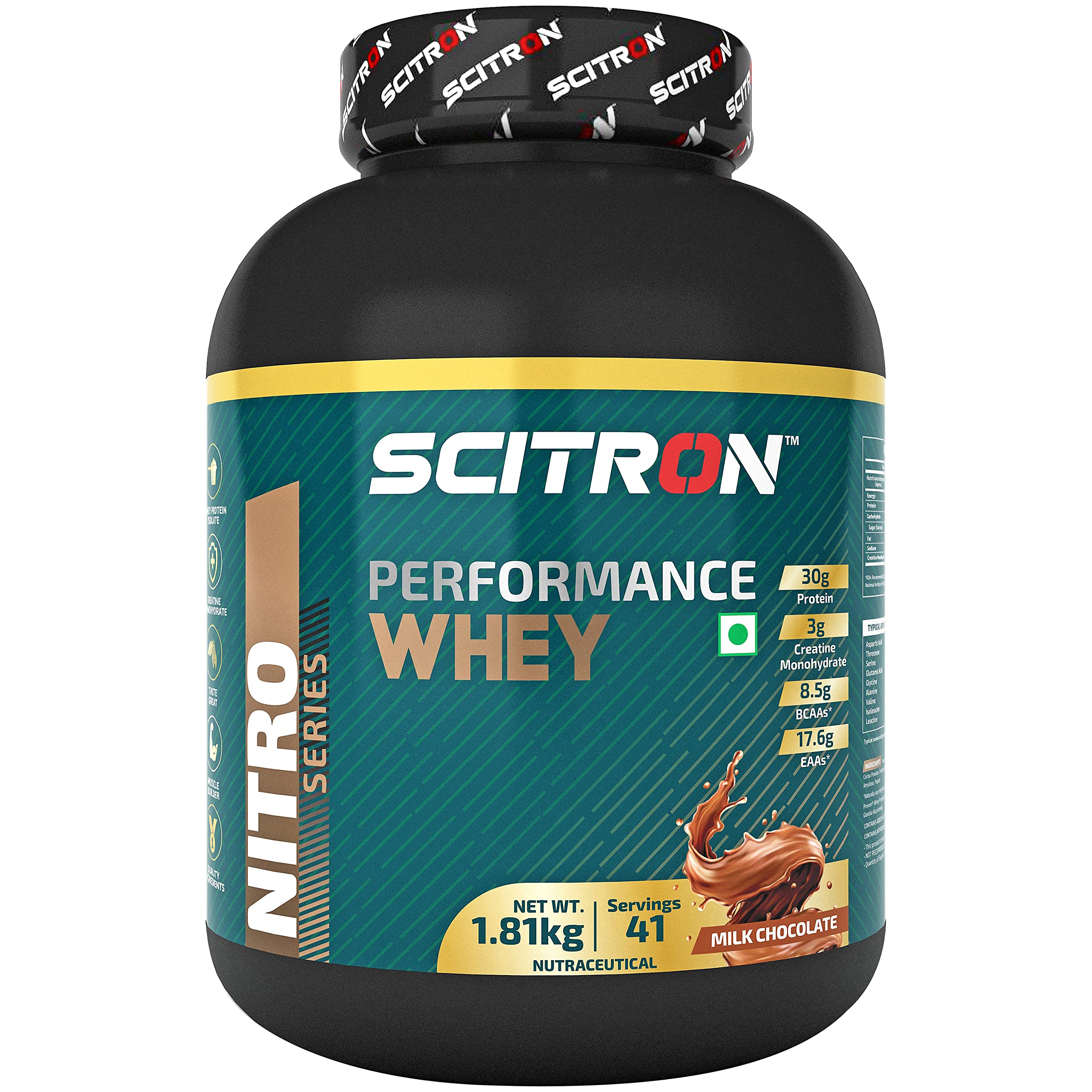 Scitron Performance Whey Protein Powder 1.81Kg- Milk Chocolate | (30g Protein, 3g Creatine Monohydrate, 8.5g BCAAs and 17.6g EAAs) For Enhanced Immunity and Performance.