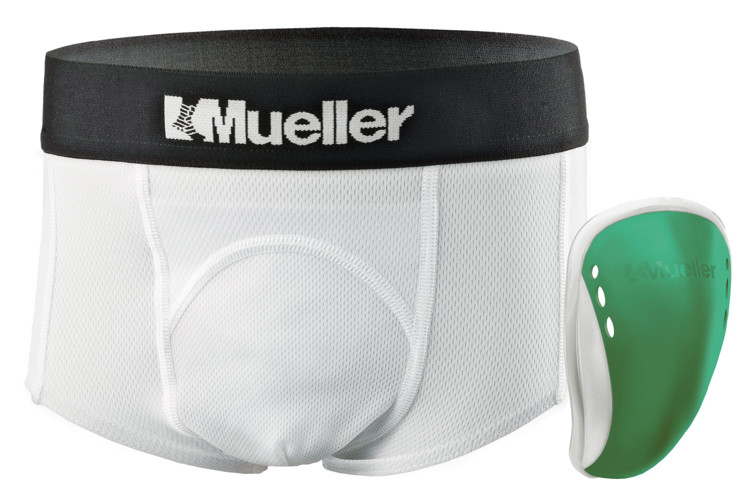 Mueller Sports Medicine Peewee Athletic Support Brief with Flex Shield Cup, White/Green, Large