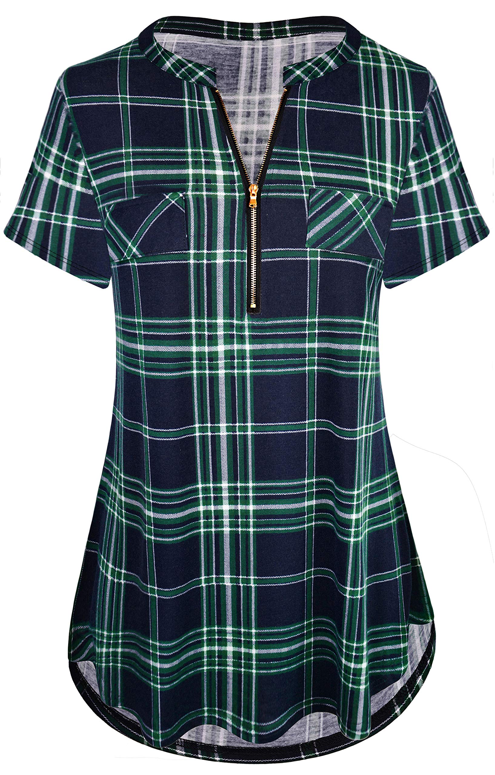 Odosalii Womens Zip Up Plaid Tunic Blouse Rolled Up Sleeve Polo Top Check Shirts