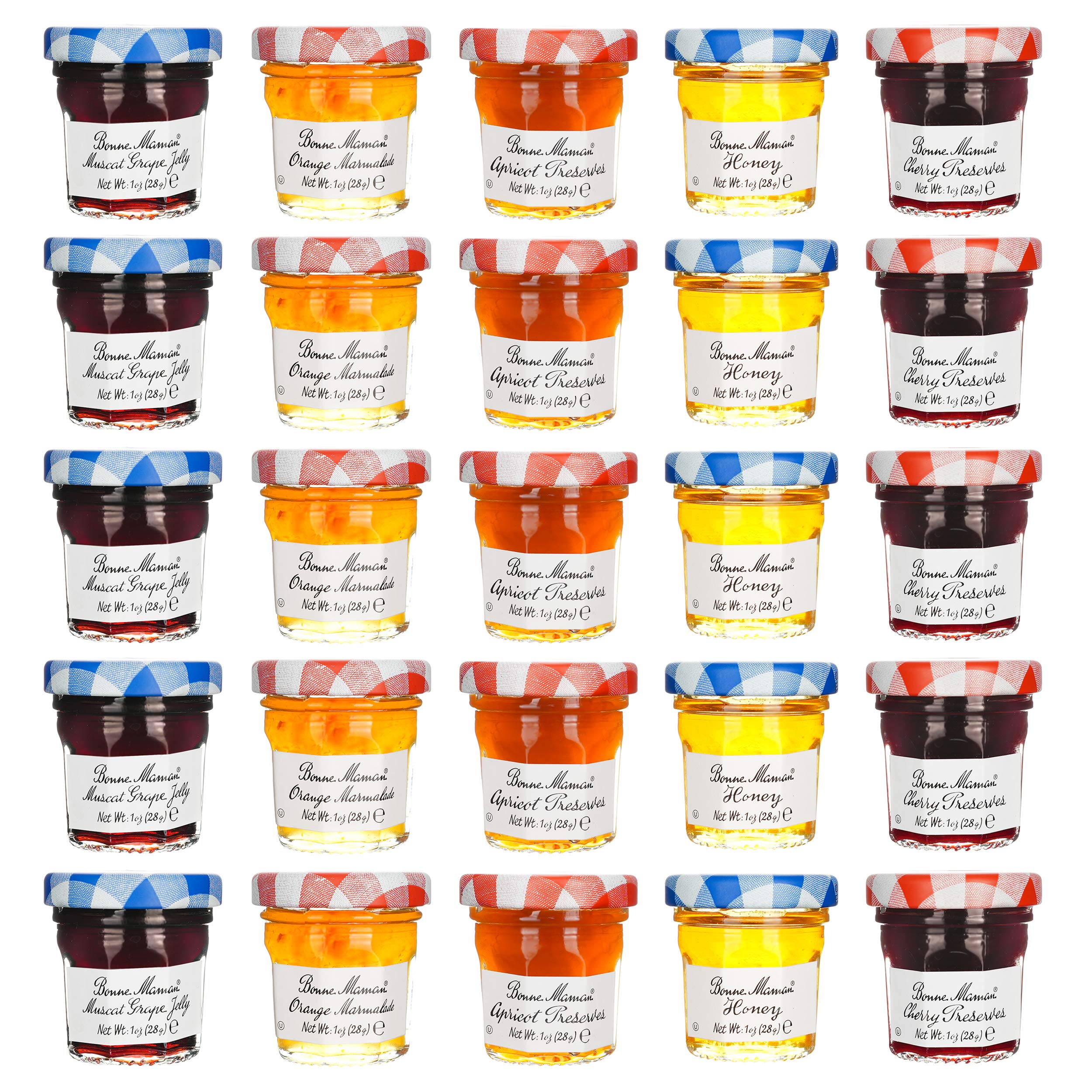 Bonne Maman Jam Assorted - 30 jelly jars x 1 ounce - 5 Apricot, 5 Orange, 5 Cherry, 5 Honey, 5 Grape, 5 Blueberry