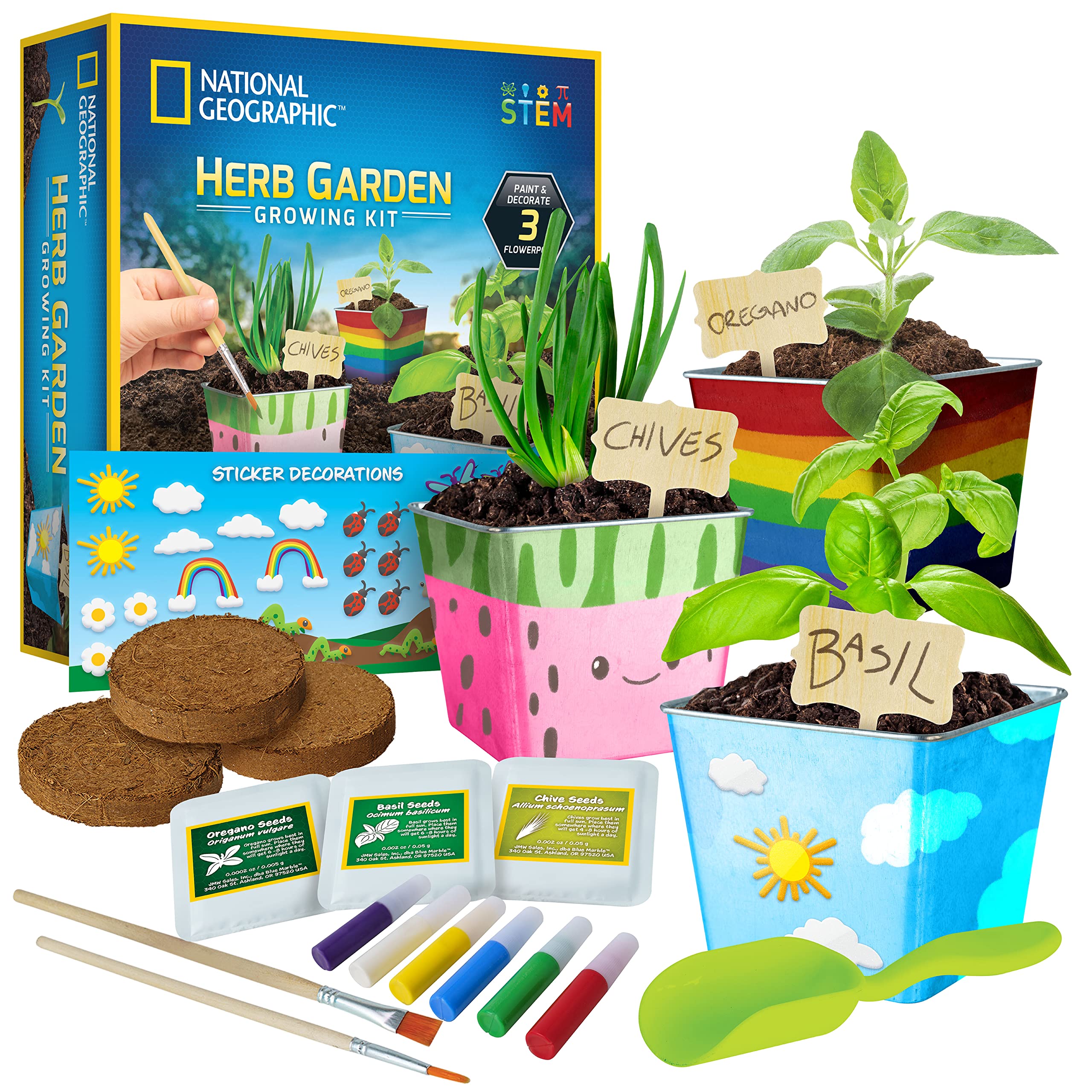 NATIONAL GEOGRAPHIC Herb Growing Kit for Kids - Decorate 3 Pots with Paint and Stickers, Kids Gardening Set, Arts and Crafts for Kids Ages 8-12, Garden Kit for Kids, Birthday Gifts