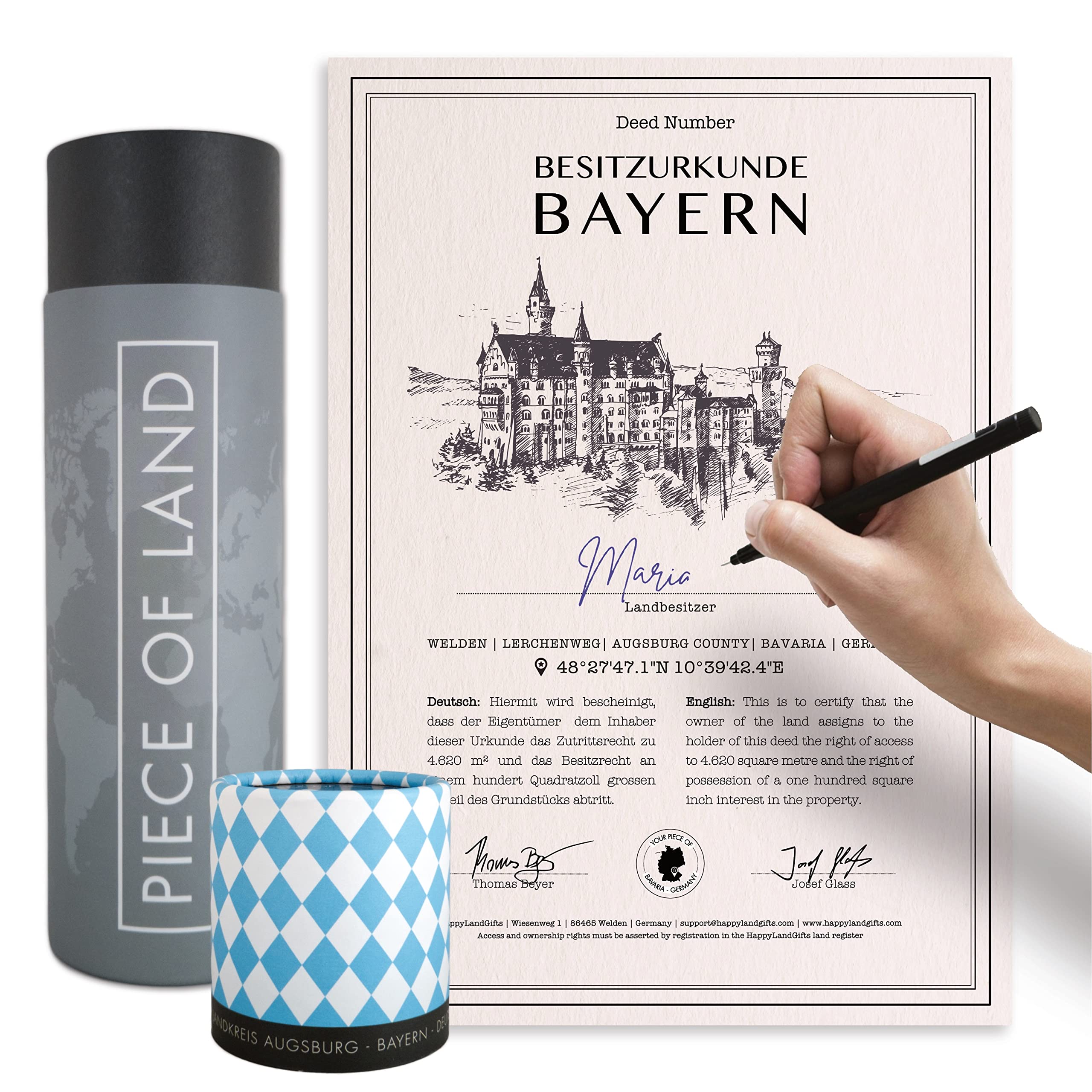 happylandgifts® Real Piece of Land - Bavaria | Unique Gift for Family and Friends | Personalized Land Owner's Certificate for Women and Men | Bavarian Gifts | Munich