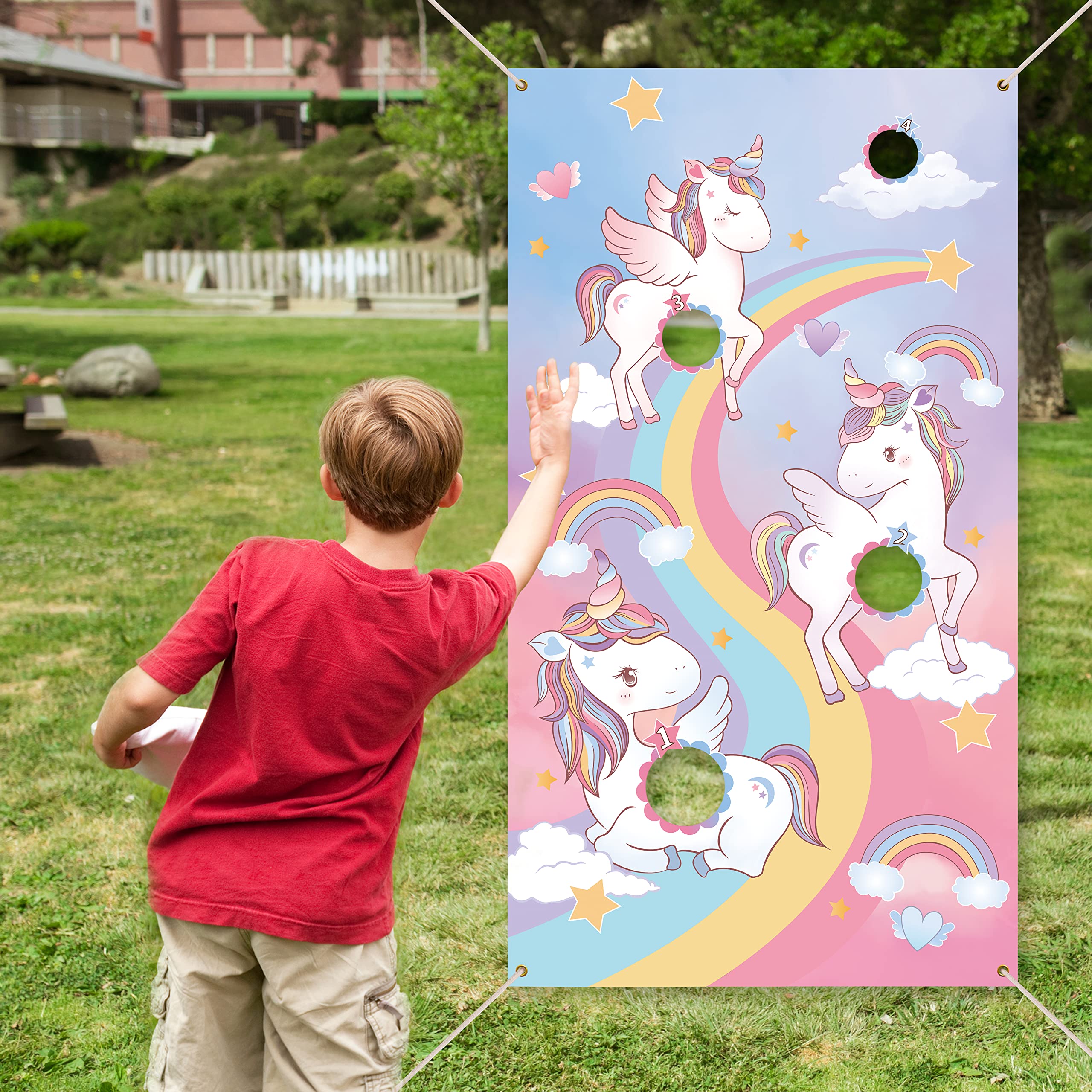 Unicorn Toss Games Banner, Pink Unicorn Party Cornhole Game with 3 Bean Bags 32Ft Rope for Kids Girls Birthday, Simple Yard Games, Perfect for Unicorn Theme Party Decorations and Supplies