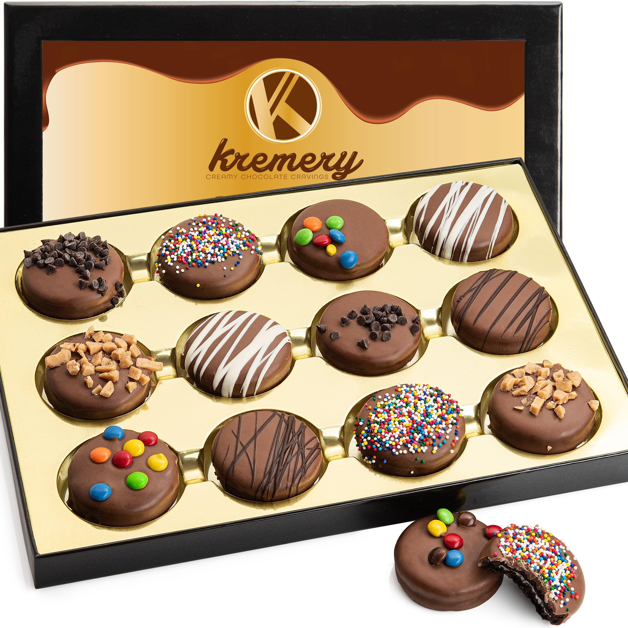 KREMERY Creamy Chocolate Cravings - Holiday Christmas Chocolate Covered Sandwich Cookies And Cream Gift Basket (12 Count) Xmas Birthday Sweet Treats - Assorted Candy Toppings - Kosher Dairy