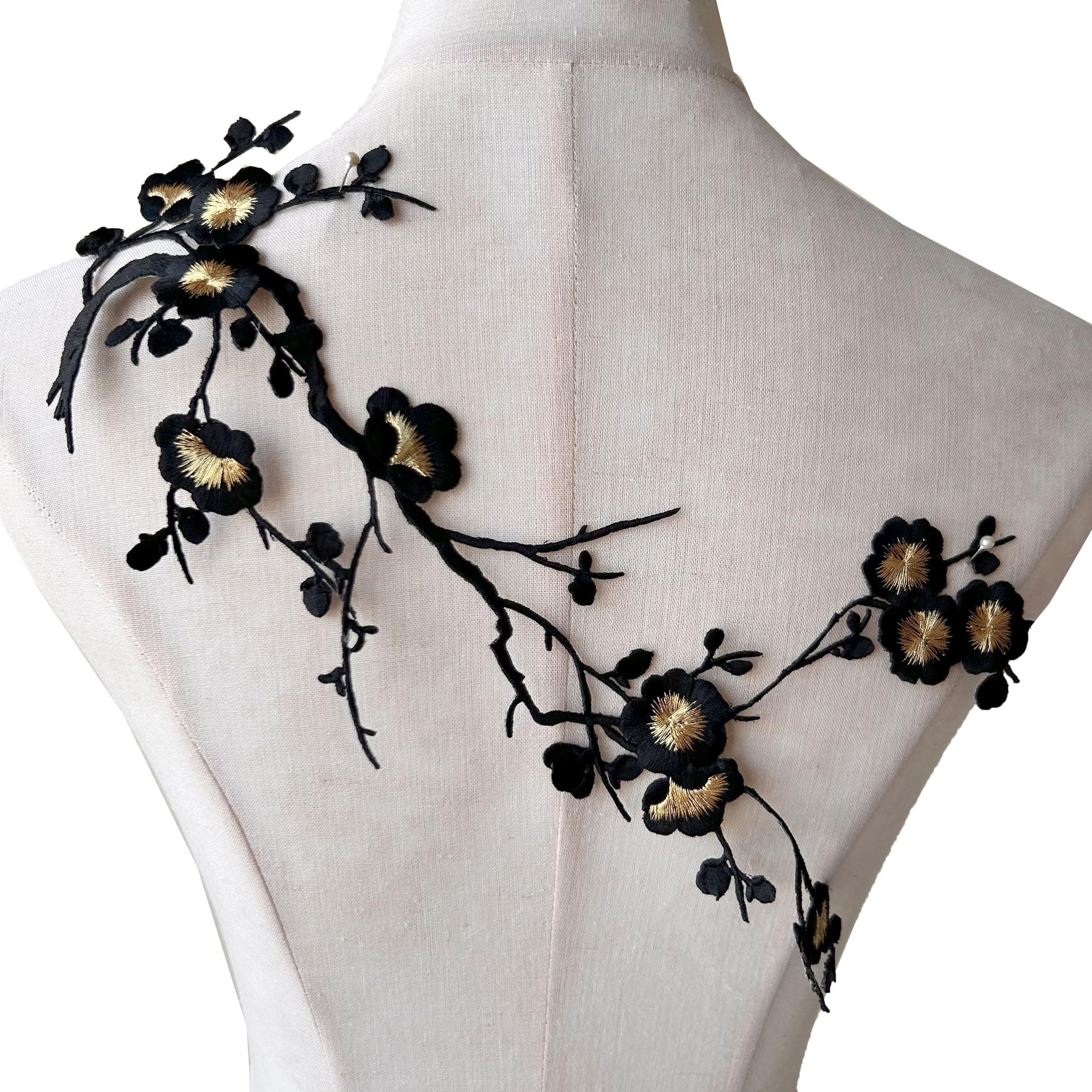 Iron on Blossom Plum Applique Patch Embroidery Flower Vines Appliques DIY Trim for Jeans Garment Costumes Black Color