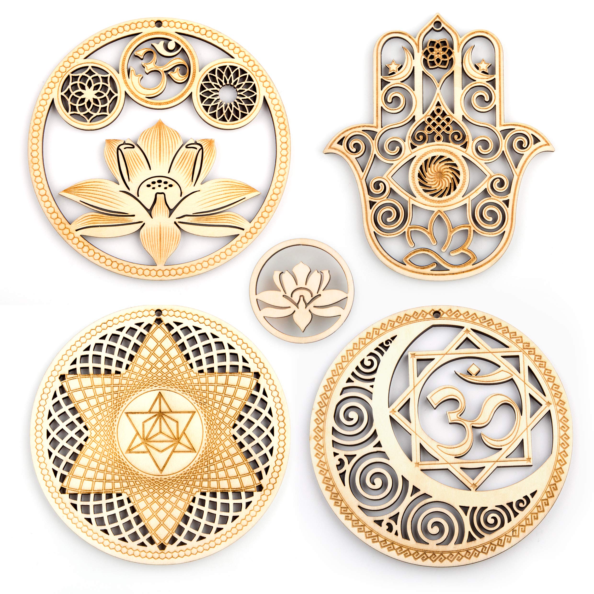 Qallicon 5.31" Sacred Geometry Wall Art 4 PCS Set, (Sacred Lotus, Hamsa Hand, Soul Star, Union Sun Moon) Crystal Grid Meditation Chakra Wooden Wall Art Yoga Decor Spiritual Gifts