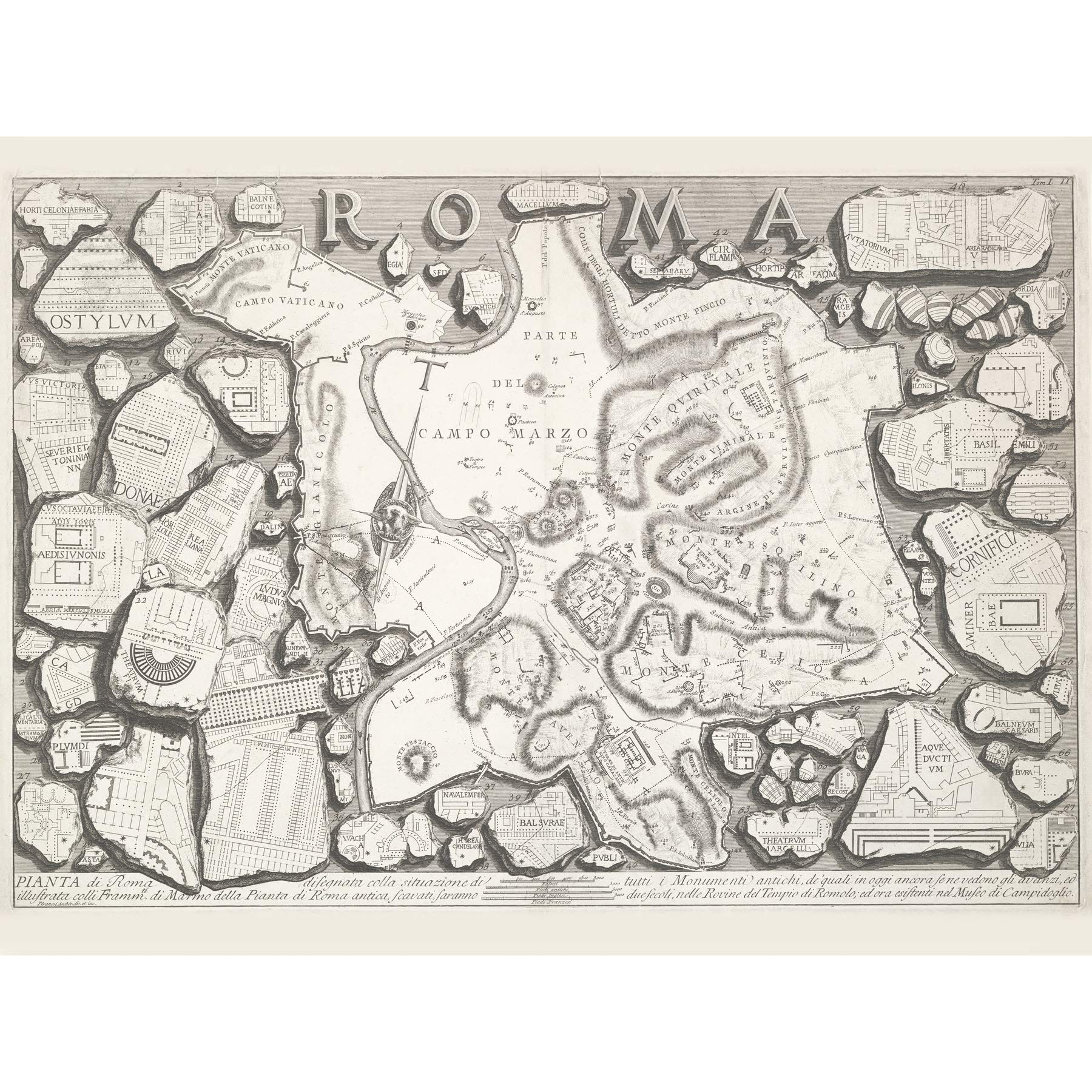 Map Piranesi 1756 Roman Antiquities Rome City Fragment Plan Premium Wall Art Canvas Print 18X24 Inch