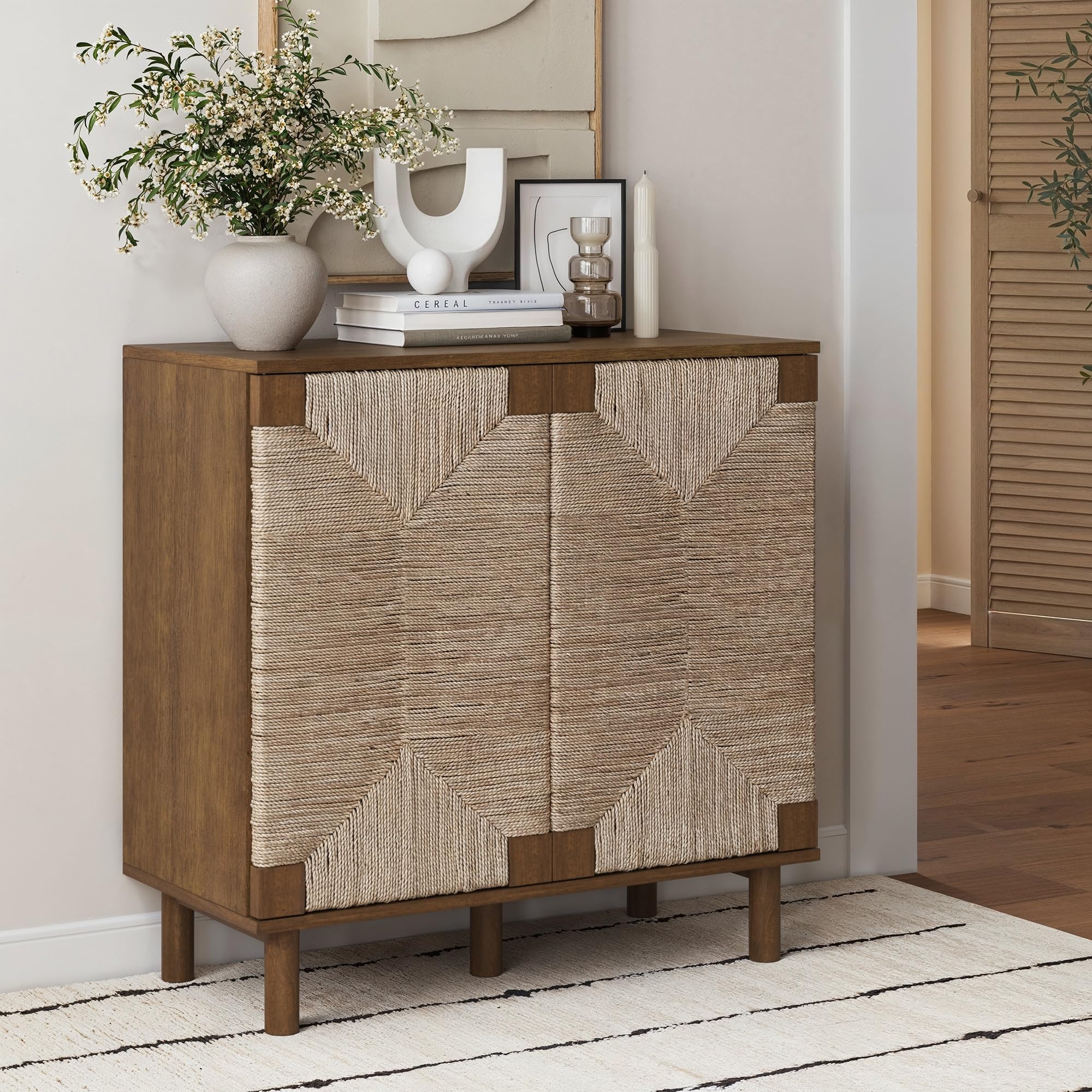 Nathan JamesBeacon Boho Accent Cabinet with Doors, Free Standing Kitchen Cabinet Storage with Adjustable Interior Shelf and Seagrass Accent, Dark Brown