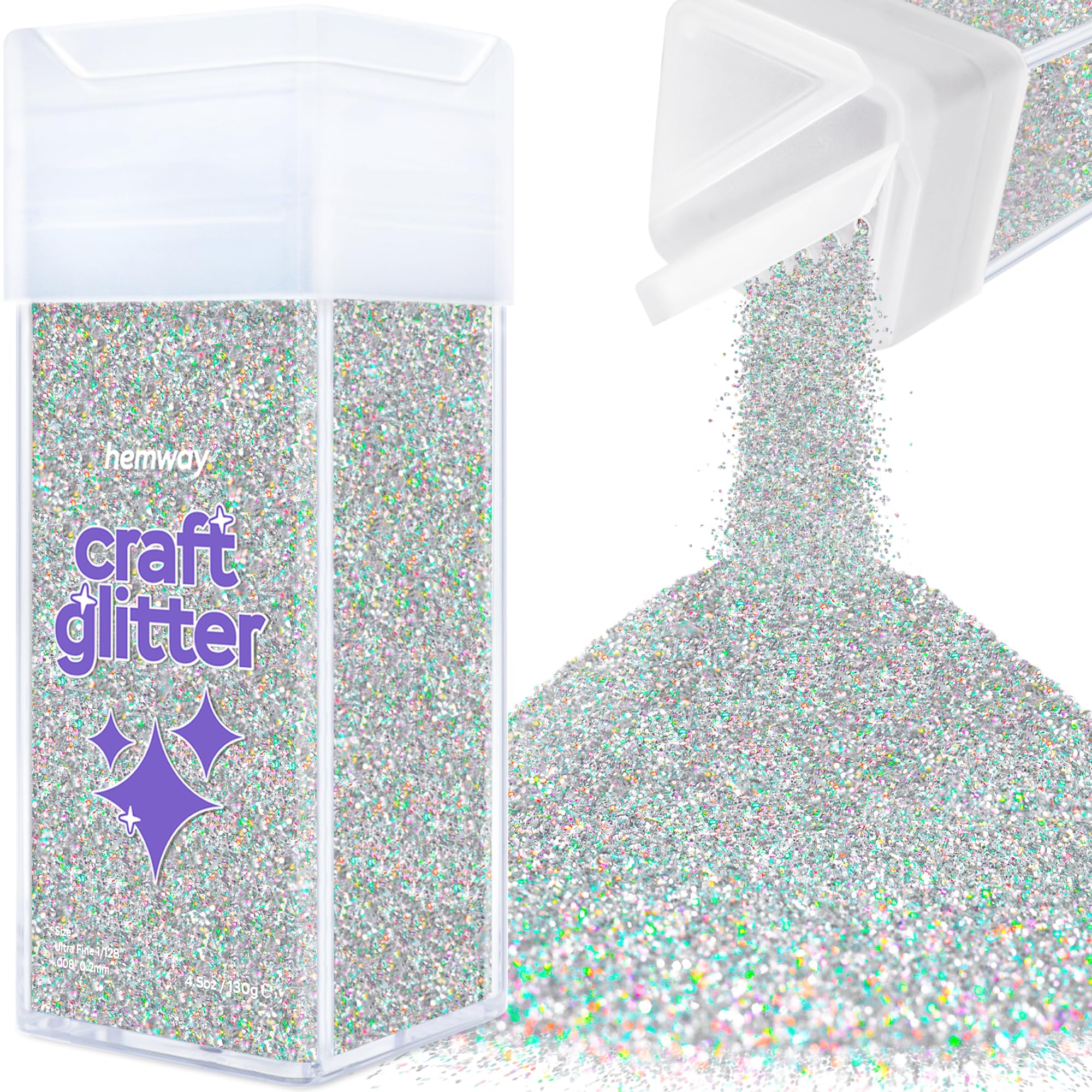 HemwayCraft Glitter Shaker 130g / 4.6oz Glitter for Arts, Crafts, Resin, Tumblers, Nails, Painting, Decoration, Festival, Cosmetic, Body - Ultrafine (1/128" 0.008" 0.2mm) - Silver Holographic