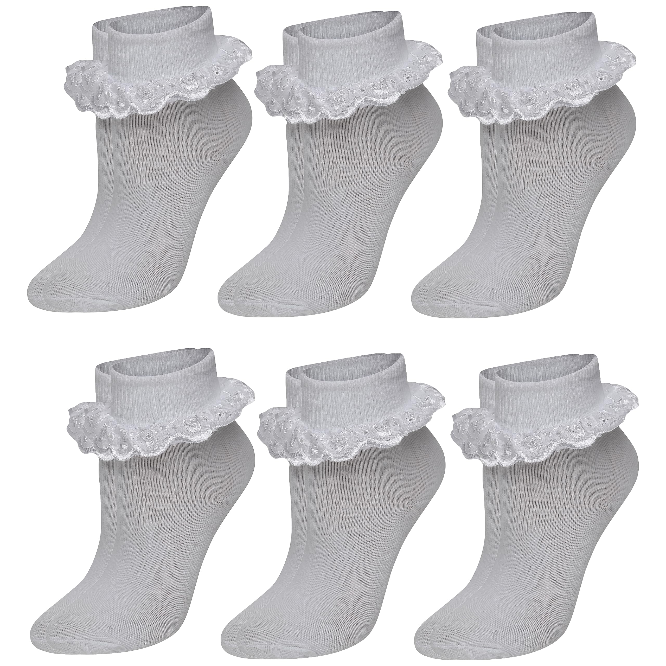 6 Pairs Of Girls Lace Socks, Children's Cotton Rich Frilly Ankle School Socks, Black, Navy, Grey, White By Sock Stack®