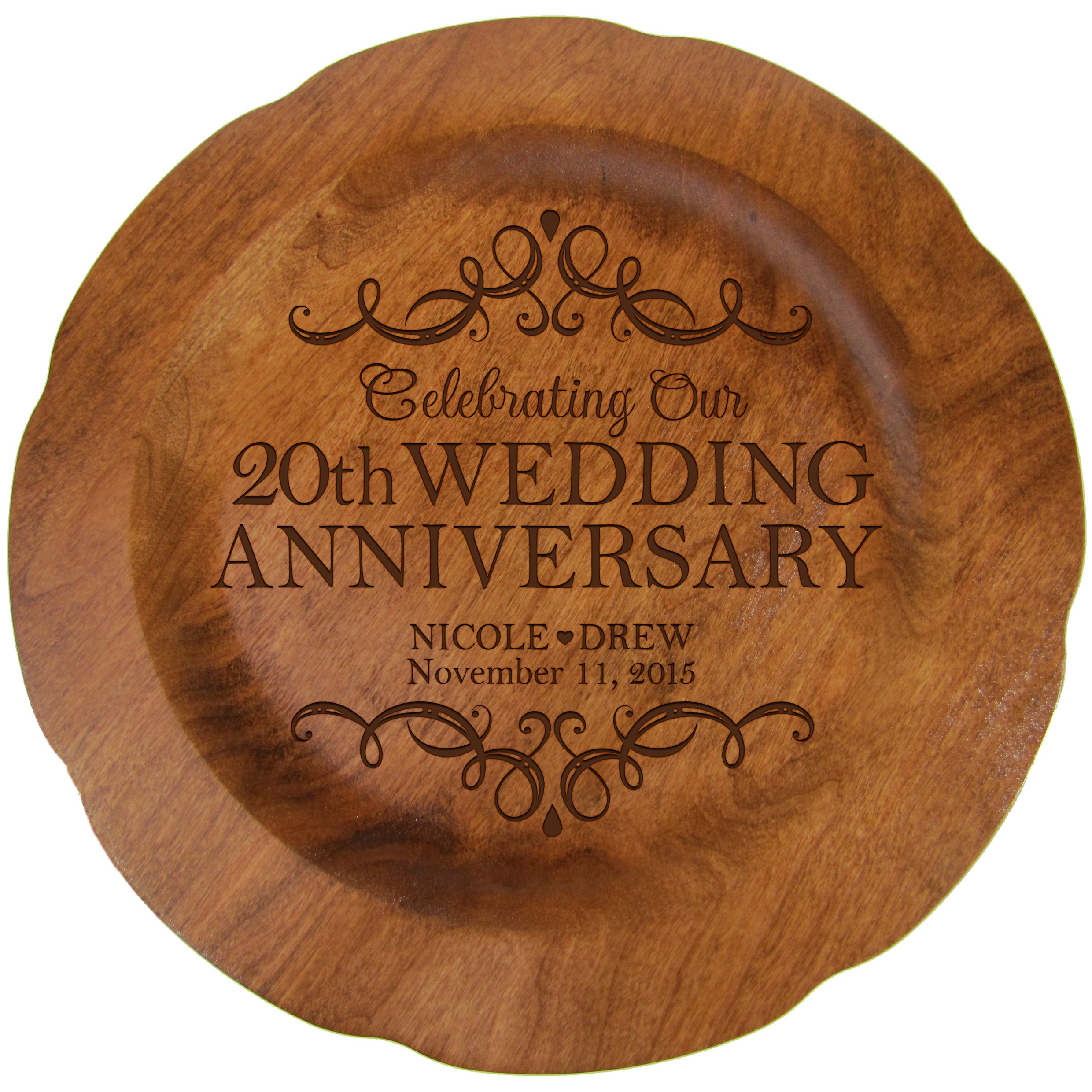 LifeSong Milestones Personalized 20th Wedding Anniversary Plate Gift for Her, Happy 20 Year Anniversary for Him, 12" D Custom Engraved for Husband or Wife USA Made (20th Year with Scrolls)