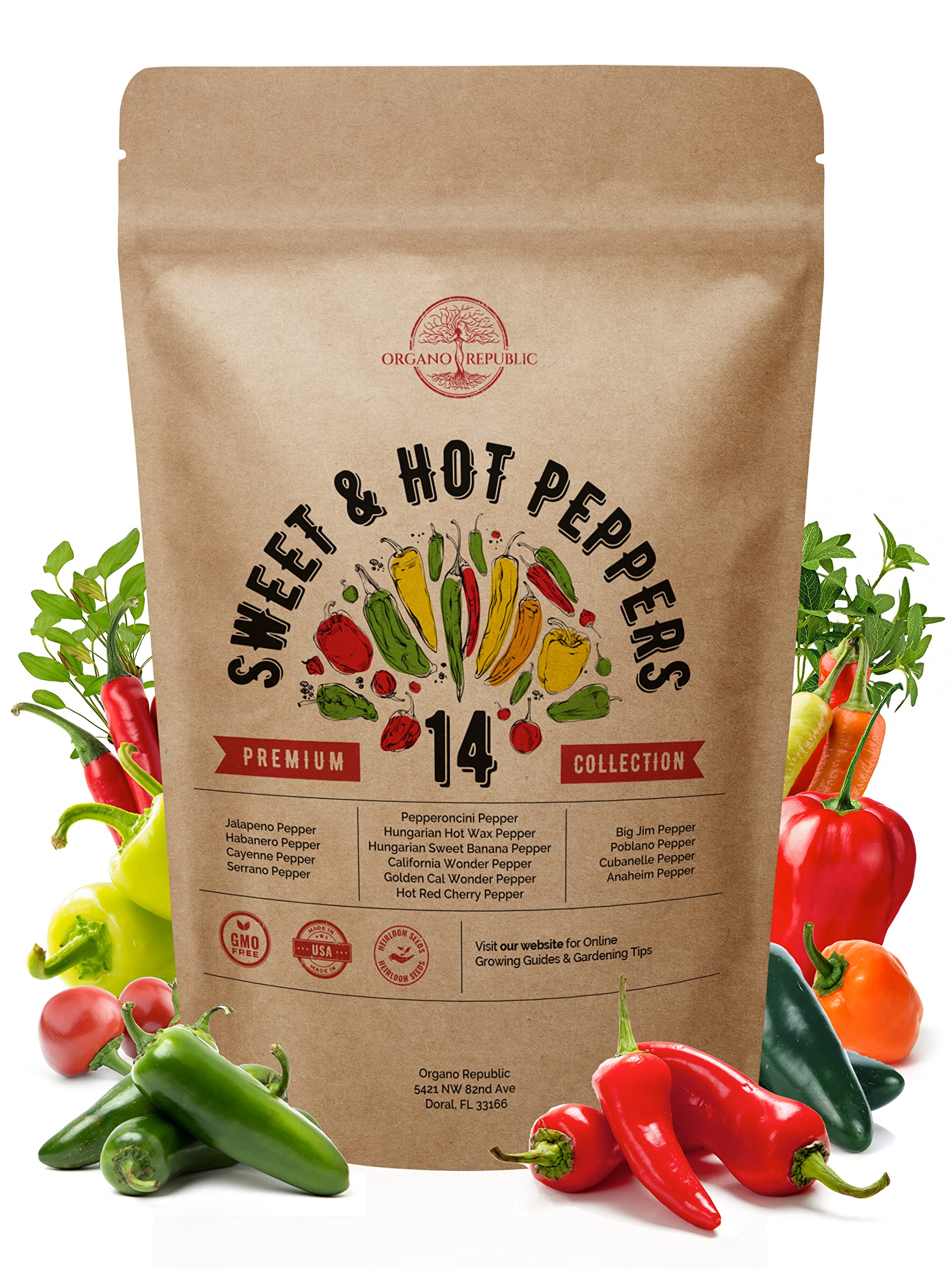 Organo Republic 14 Sweet & Hot Peppers Seeds Variety Pack 1030+ Seeds Non-GMO Peppers Seeds for Outdoor & Indoor Home Gardening Jalapeno Habanero Cayenne Serrano Poblano Cubanelle Pepperoncini