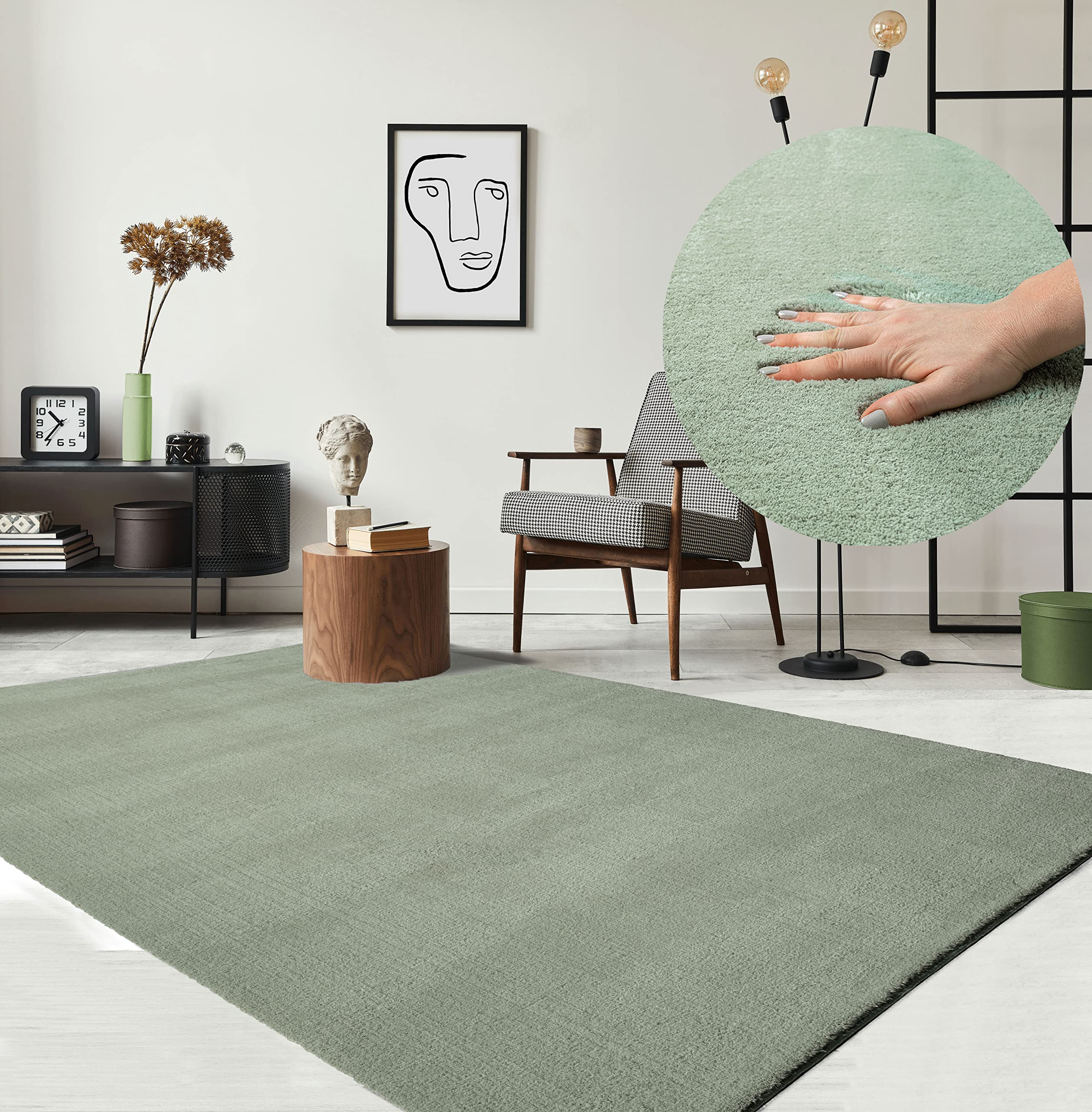 the carpet Relax Rug, Modern, Fluffy, Short Pile, Non-Slip Underside, Washable up to 30°C, Super-Soft, Fur Look, Green, 160 x 220 cm