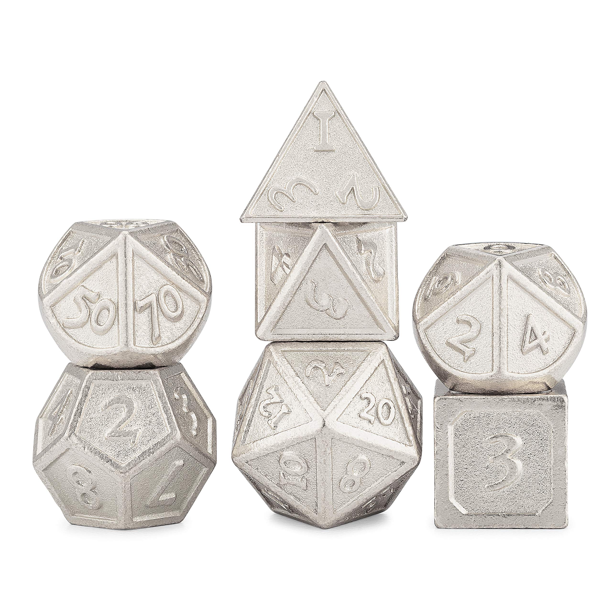 HEIMDALLR Metal DND Dice Set 7pcs - Indestructible Metal Dice Set w/ Dice Bag; D&D Dice Set D&D (Dungeons and Dragons Dice Set) w/ D20 Dice - Blacksmith Craft Dice (Alchemy)