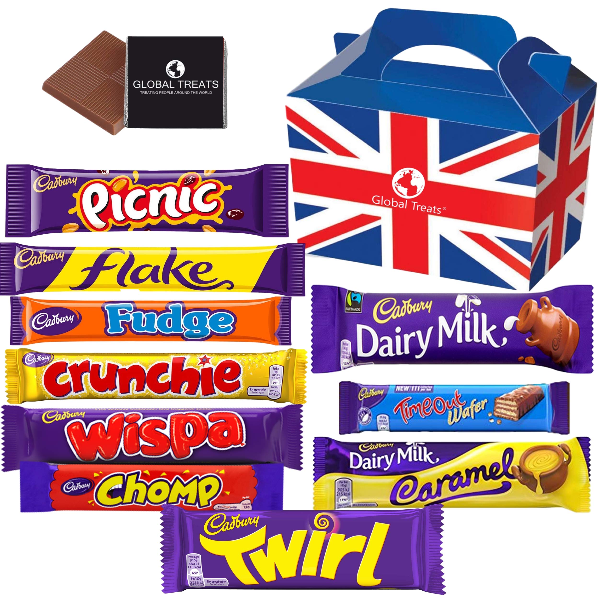 Cadbury Chocolate Bars - Gift Pack with 10 FULL SIZE Chocolate bars of delicious Cadbury Chocolate from the UK with unique Gift Box and a free British Chocolate.