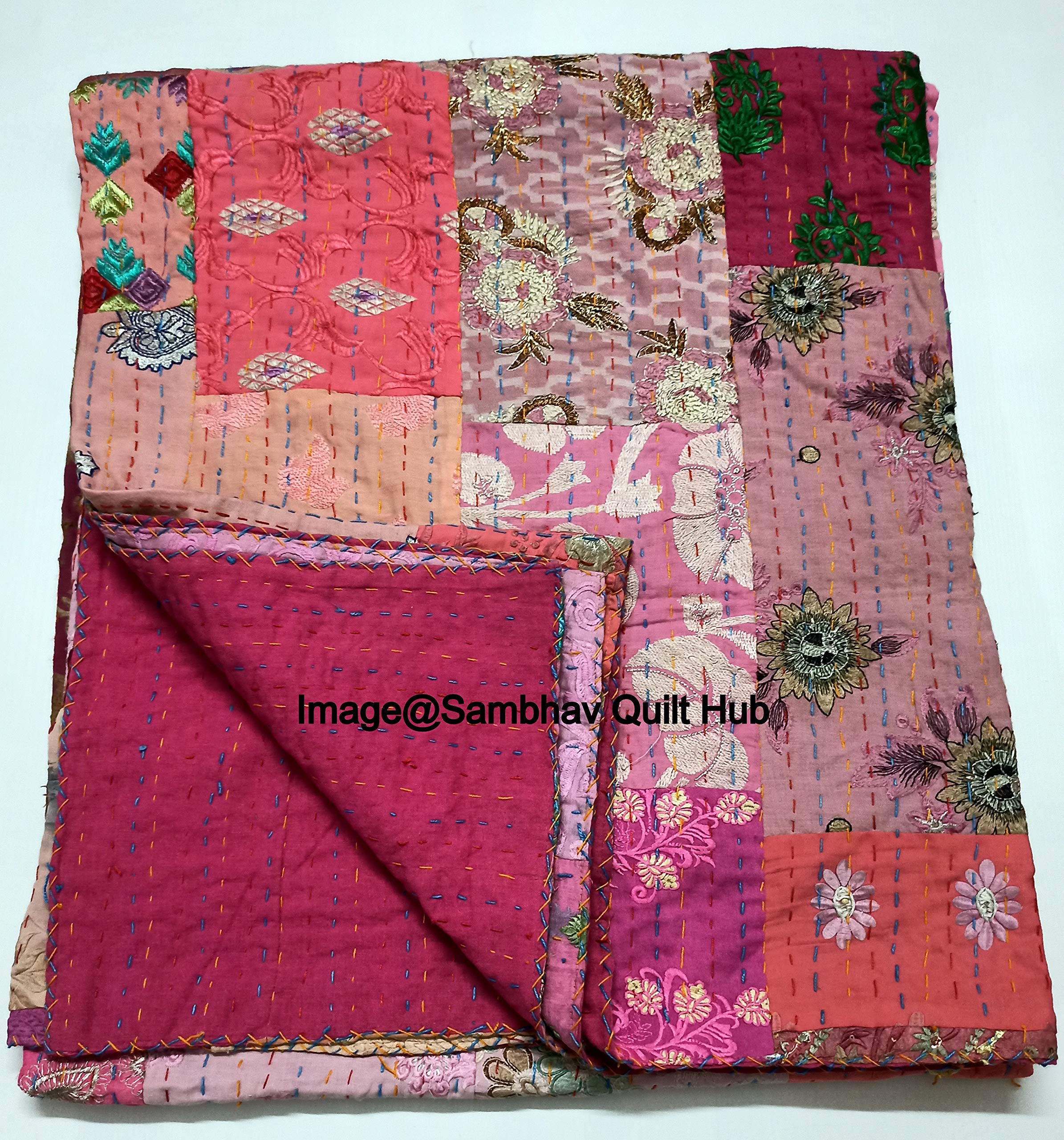 Embrodiery Beautiful Handmade Vintage Silk Sari Jari Patchwork Khambhadiya Kantha Quilting Kantha Quilt Reversible Bed Cover Assoted Kantha Quilt Throw Blanket/Twin/Queen/King (Pink, 90X108 inches)