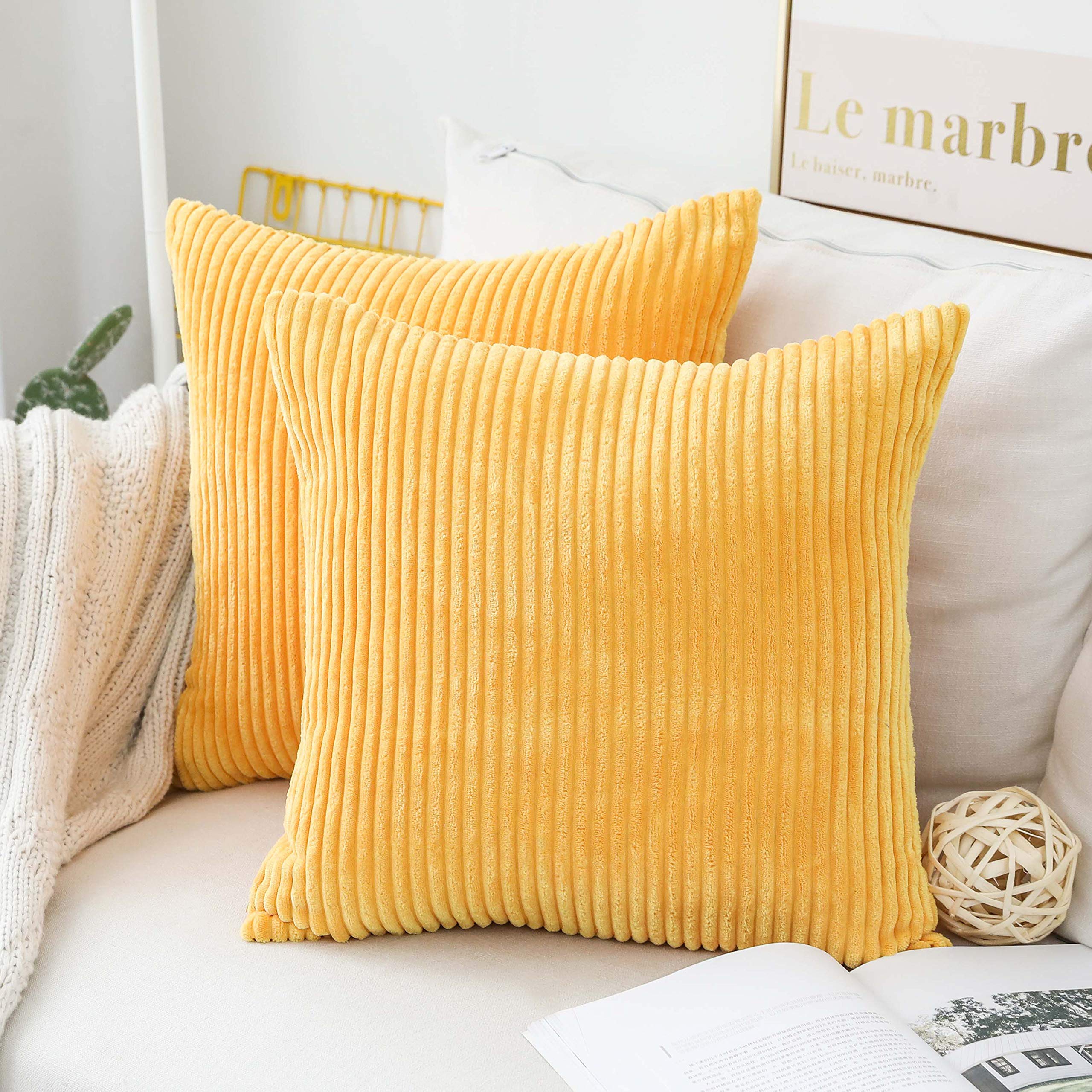 Home Brilliant Yellow Throw Pillow Covers 18x18 Set of 2 Super Soft Couch Pillow Covers Decorative Striped Corduroy Mustard Throw Pillows for Couch Bed Thanksgiving, 18 x 18 inch, Sunflower Yellow