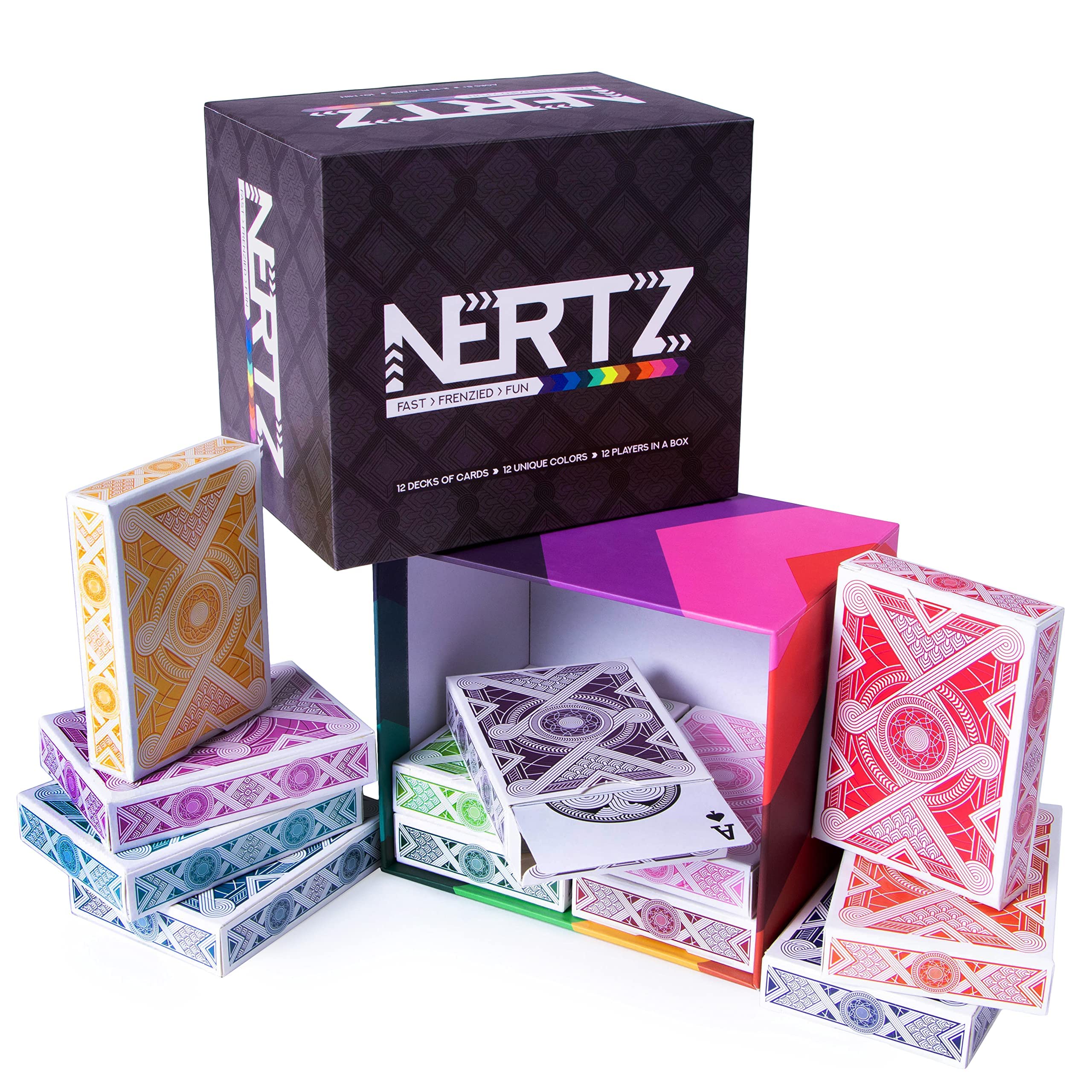 BrybellyNertz: The Fast Frenzied Fun Card Game - 12 Decks of Playing Cards in 12 Vibrant Colors, Bulk Set of Poker Wide-Size/Regular Index, Plastic-Coated Cards