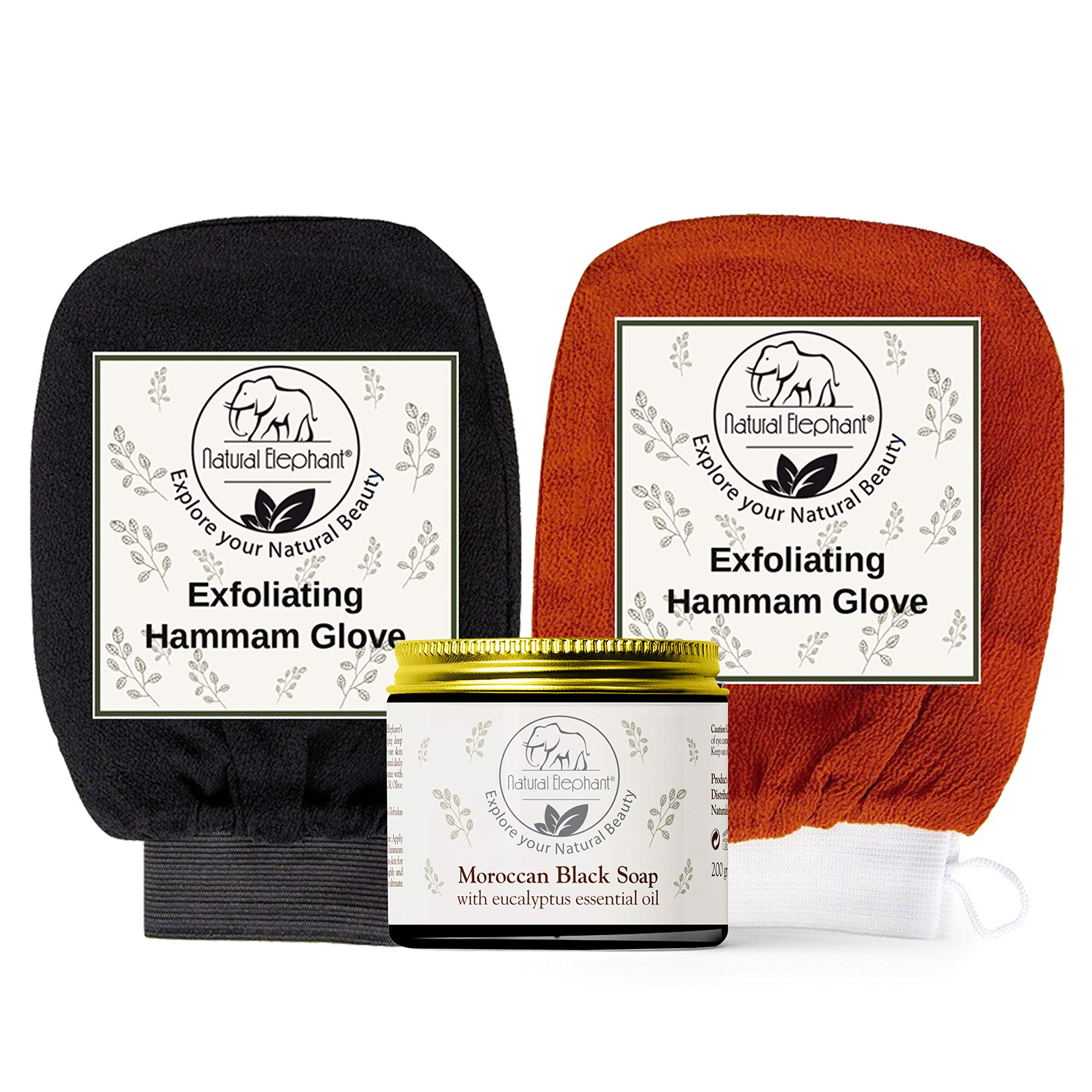 Natural Elephant Moroccan Black Soap 200g (7oz) and 2 Pack Exfoliating Hammam Glove Combo (Black and Orange)