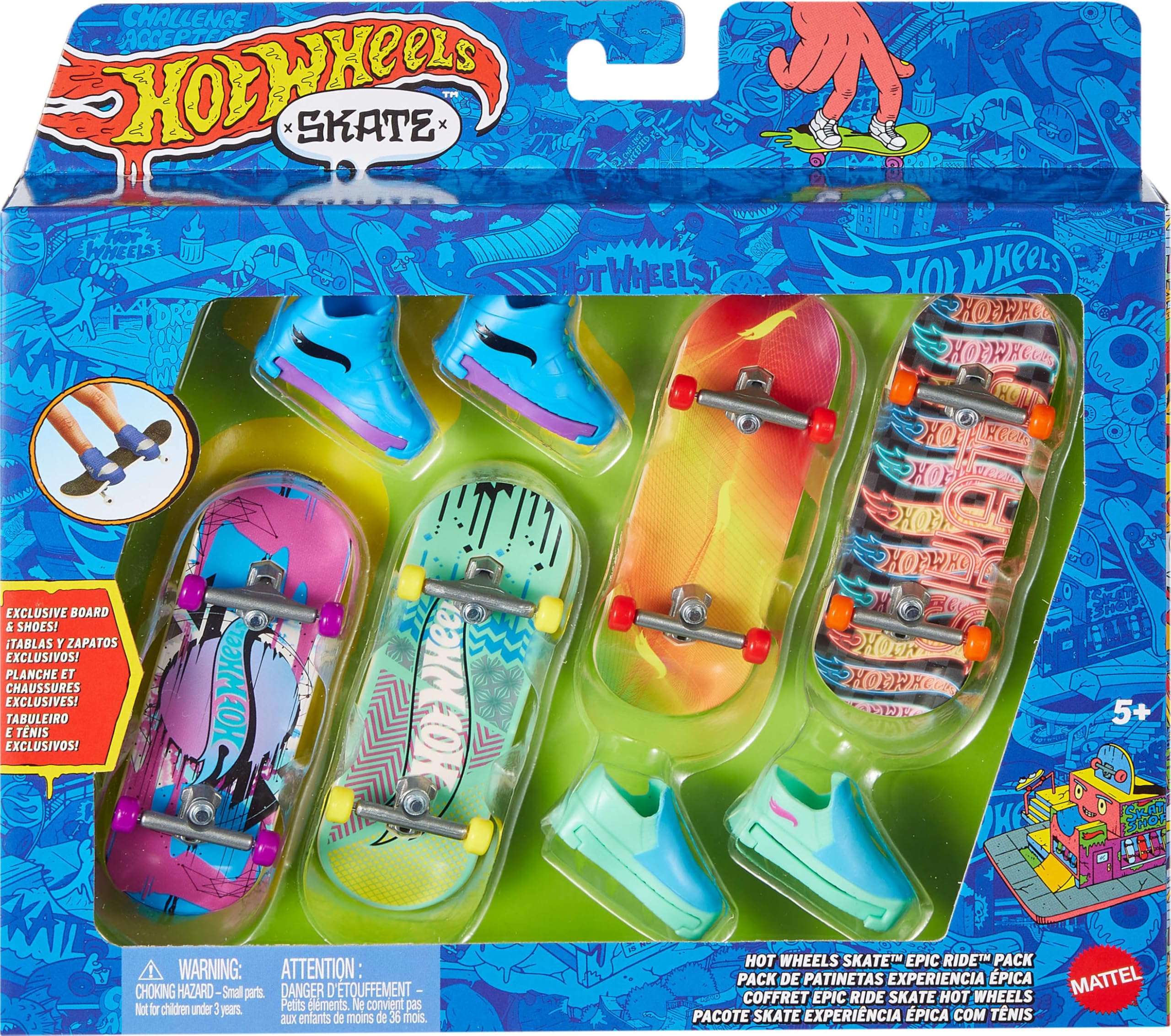 Hot Wheels Skate Tony Hawk Fingerboard & Removable Skate Shoes Multipack, 4 Fully Assembled Boards, 2 Pairs of Skate Shoes, 1 Exclusive Set (Styles May Vary)