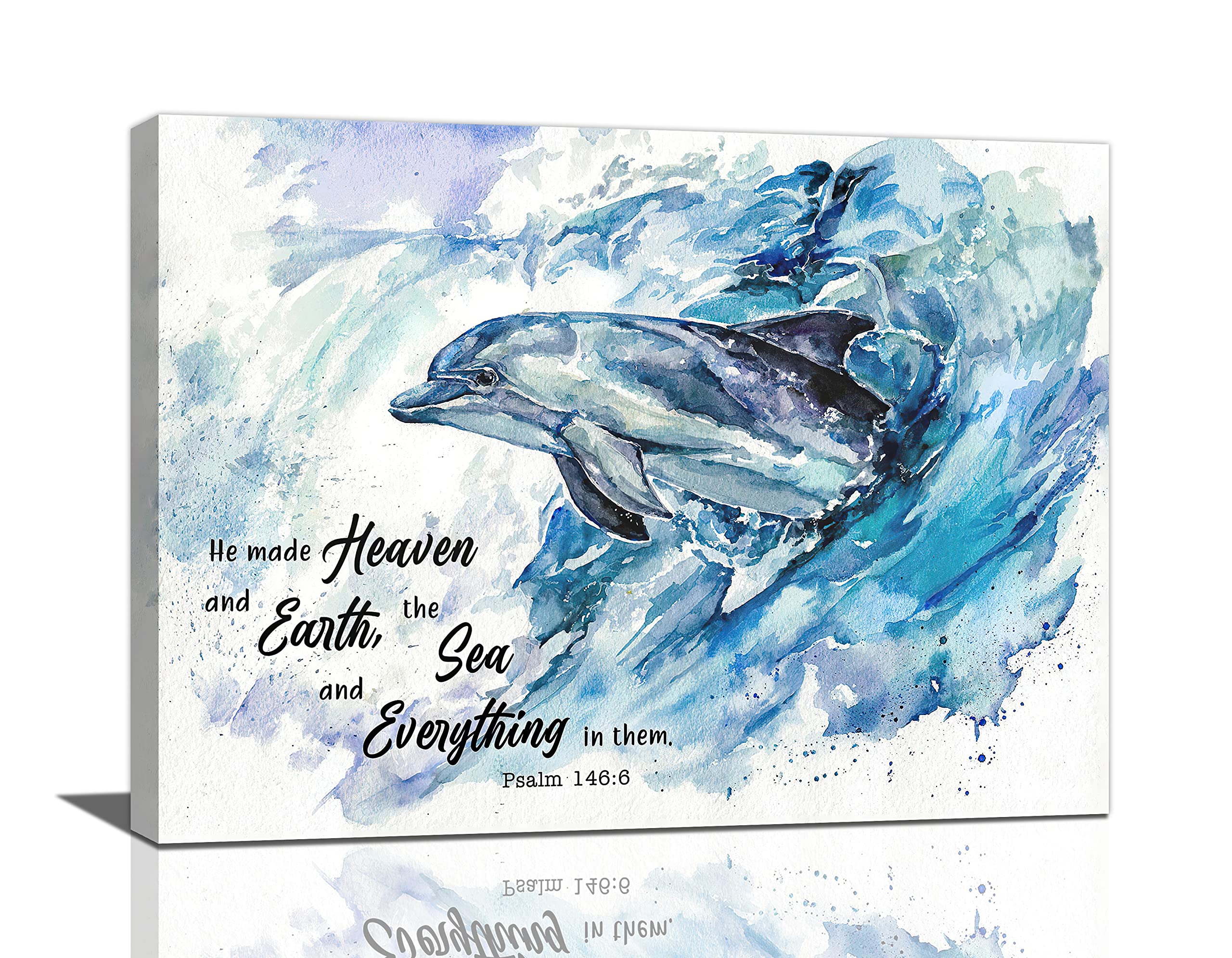 Ocean Dolphin Wall Art Sea Dolphin Pictures Wall Decor Christian Bible Verses Quotes Canvas Prints Painting Modern Home Framed Artwork for Bedroom Bathroom 16"x12"