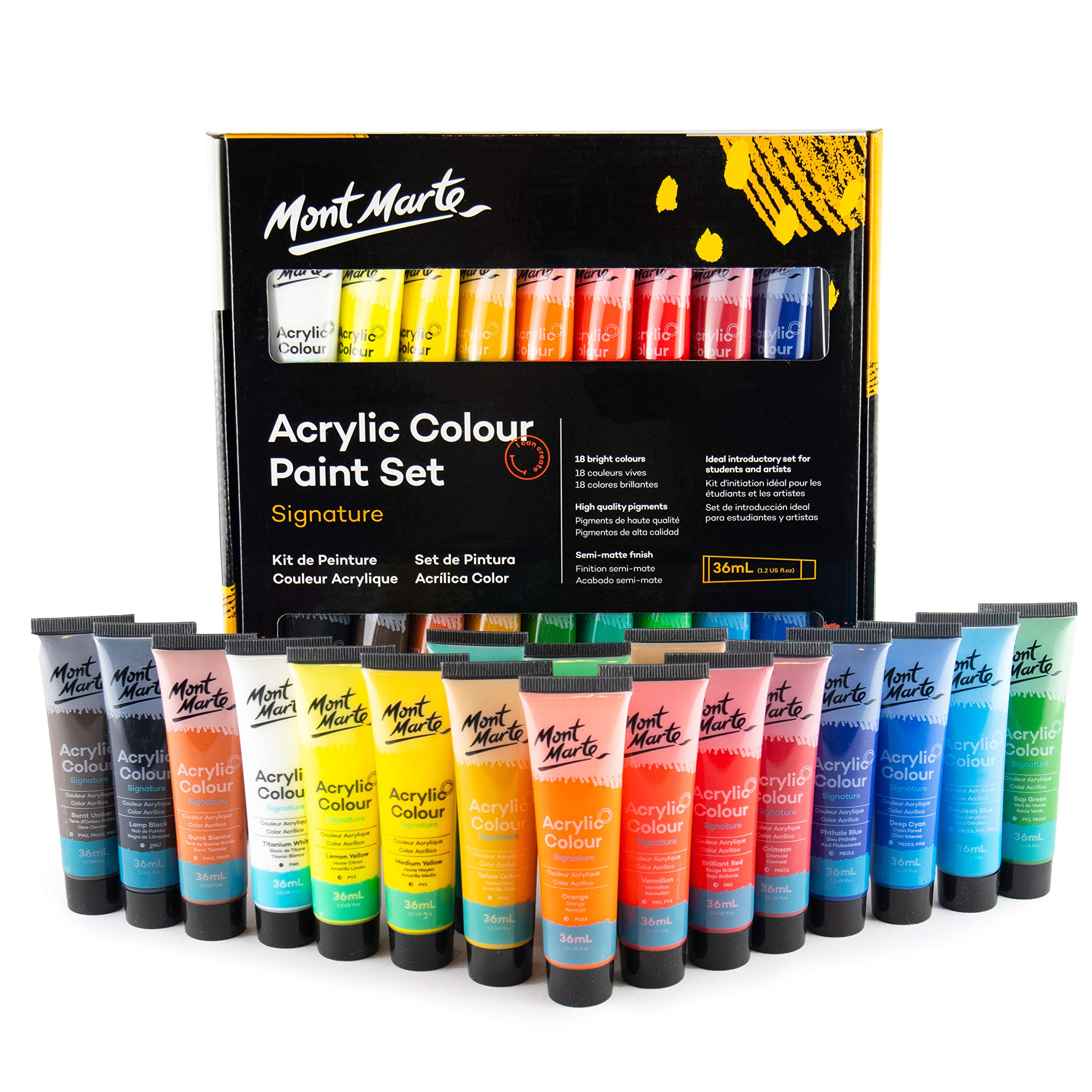 Mont Marte Acrylic Paint Set – 18 pcs x 36ml Tubes – Ideal for Acrylic Painting – Brilliant Lightfast Colours with Great Opacity