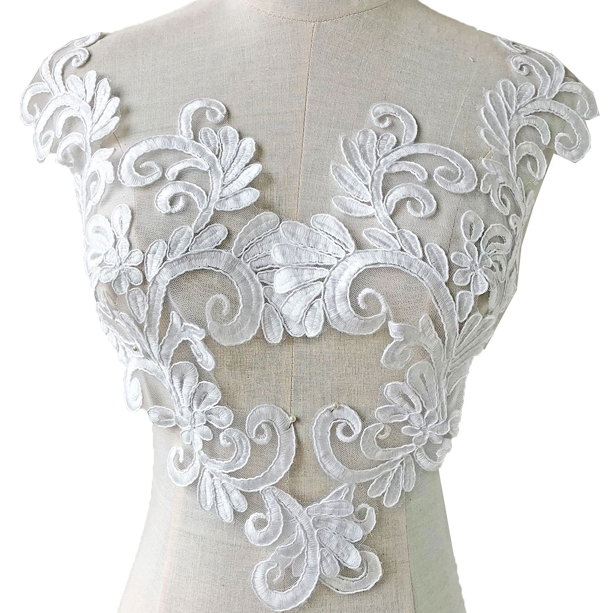 Off-White Bridal Dress Floral Patches Cotton Corded Sewing Lace Applique Wedding Lace Motif Embroidery Appliques 2 Pieces