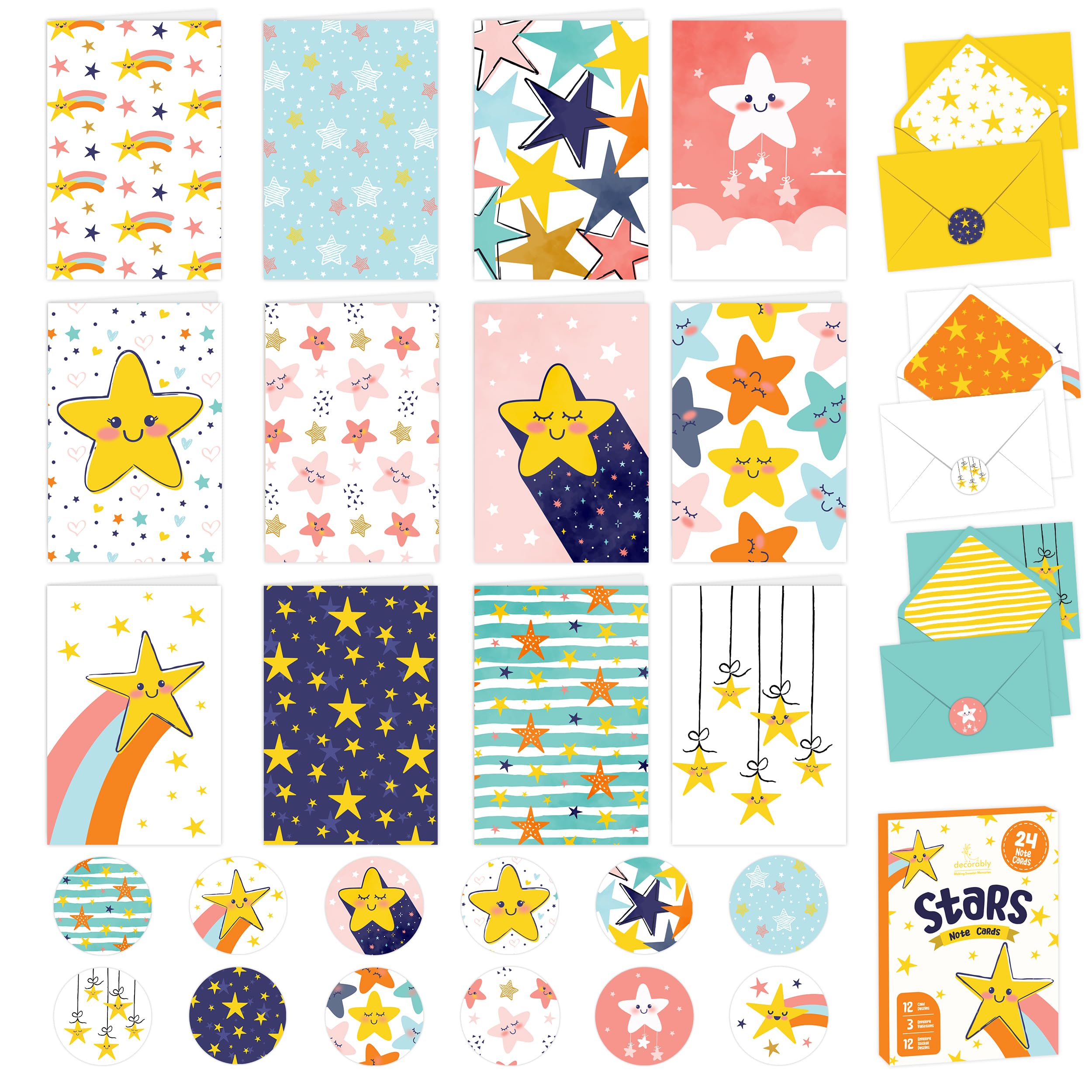 Decorably Notecards with Envelopes & Stickers - 24 Pack Star Note Cards with Envelopes & Stickers, 12 Designs Blank Cards with Stars, 4x6in Star Cards with Envelopes, Star Notecards, Star Notecard