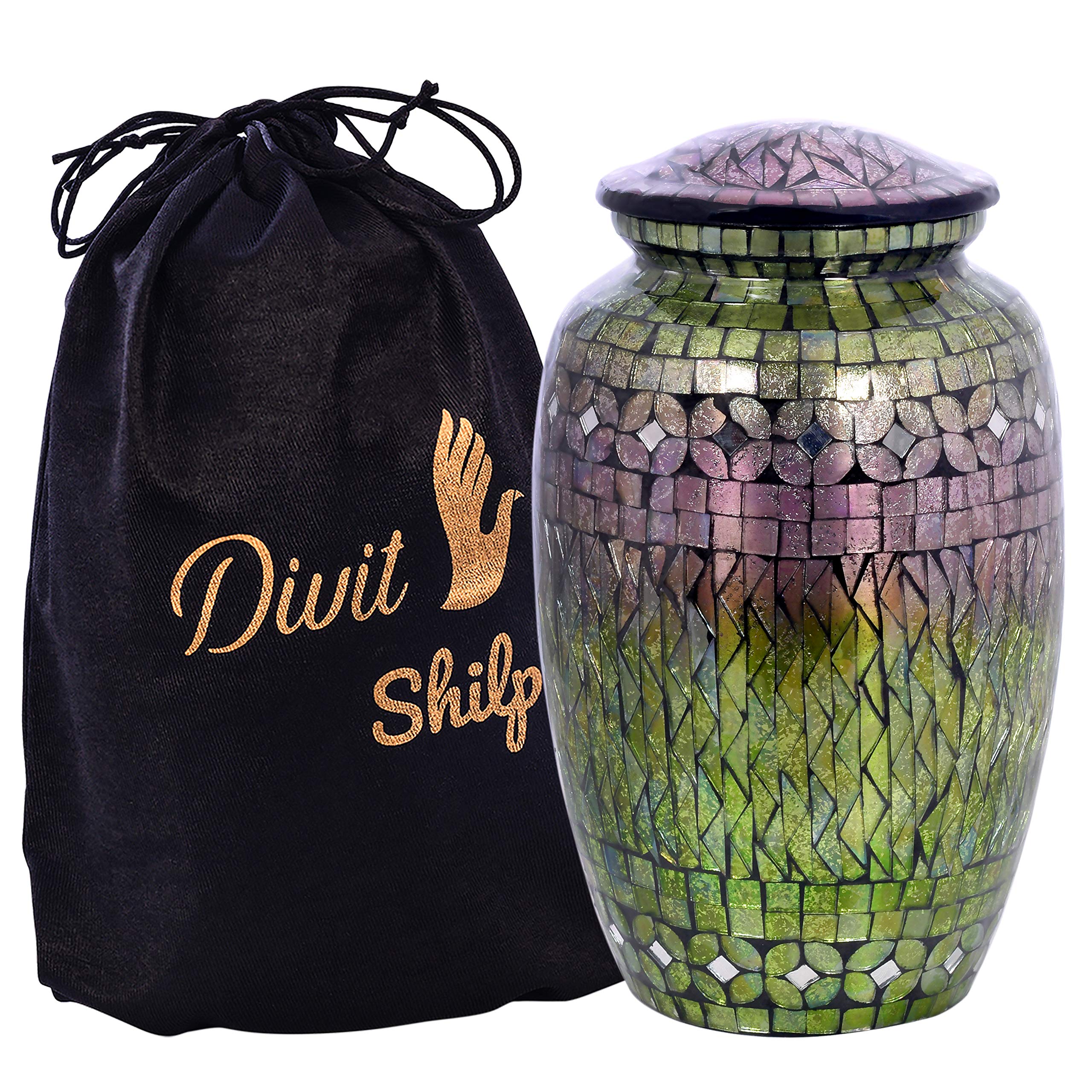 Cremation Urn for Human Ashes with Satin Bag, for Adults up to 200 lbs | Large Handcrafted Funeral Urns (Mix Color Mosaic, Adult)