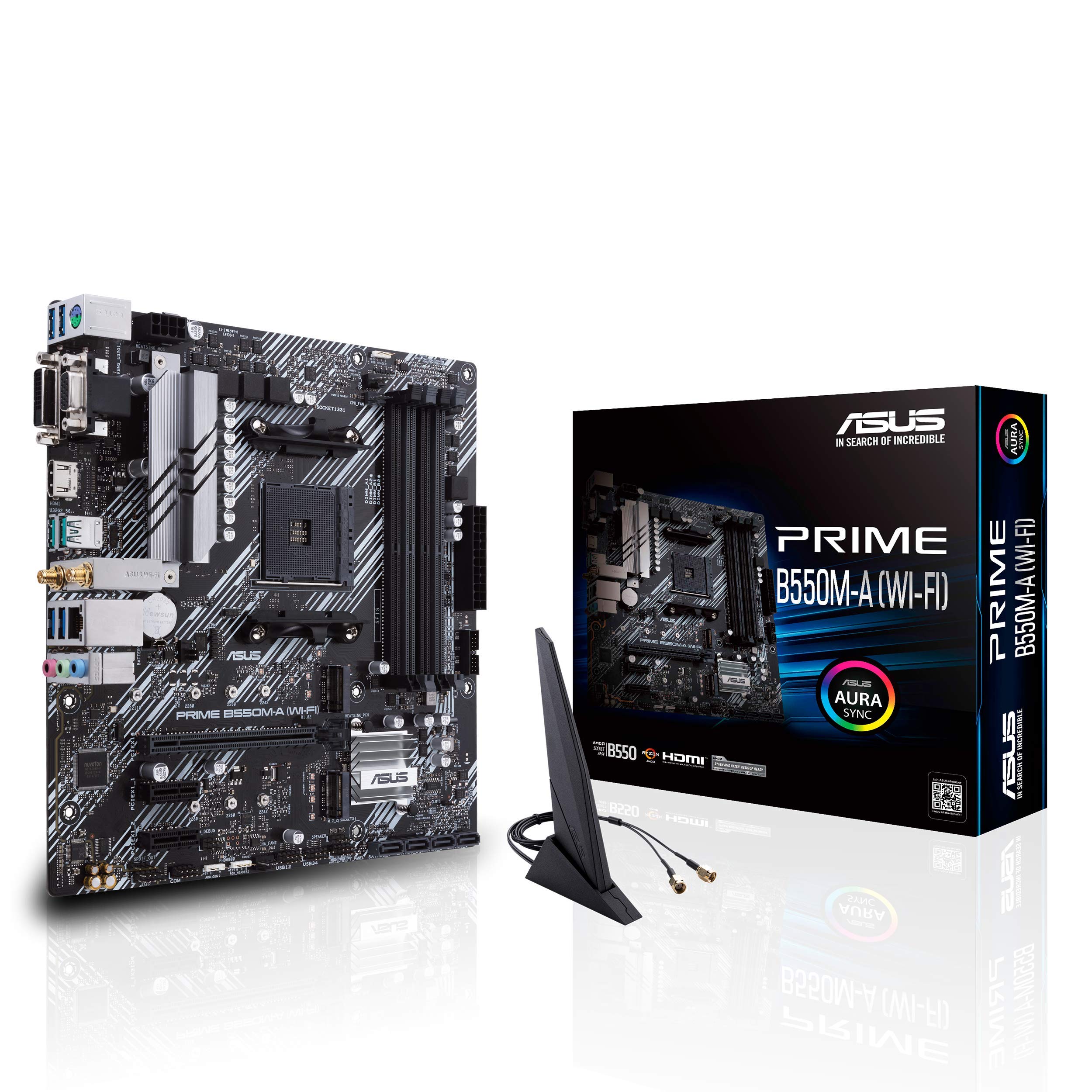 ASUSPrime B550M-A WiFi AMD AM4 Zen 3 Ryzen 5000 & 3rd Gen Ryzen Micro ATX Motherboard (PCIe 4.0, WiFi 6, ECC Memory, 1Gb LAN, HDMI 2.1/D-Sub, 4K@60HZ, Addressable Gen 2 RGB Header and Aura Sync)