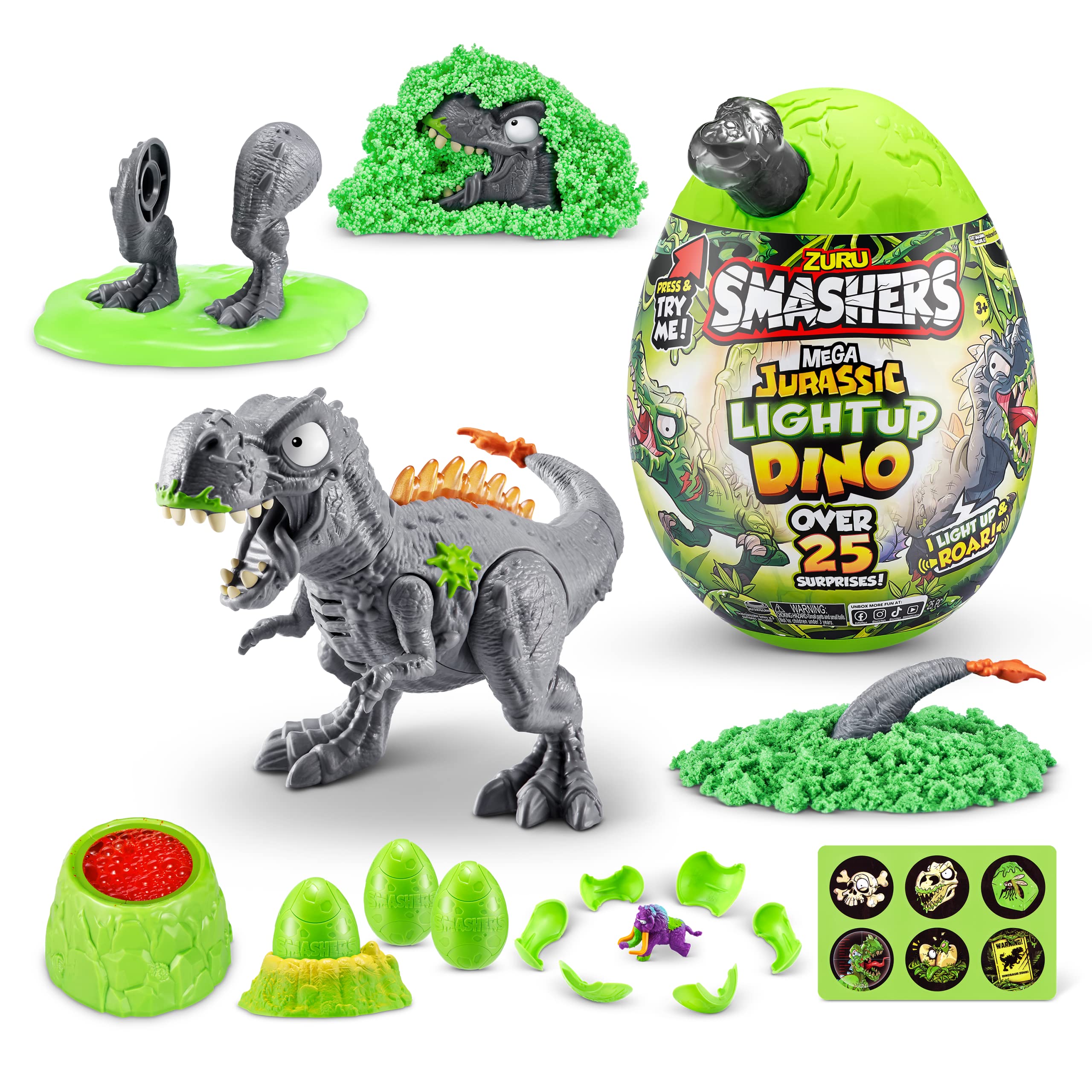 Smashers Mega Jurassic Light Up Dino Egg (T-Rex) by ZURU Collectible Egg with Over 25 Surprises, Volcano Slime, Fossil Toy, Dinosaur Toys, T-Rex Toy for Boys and Kids