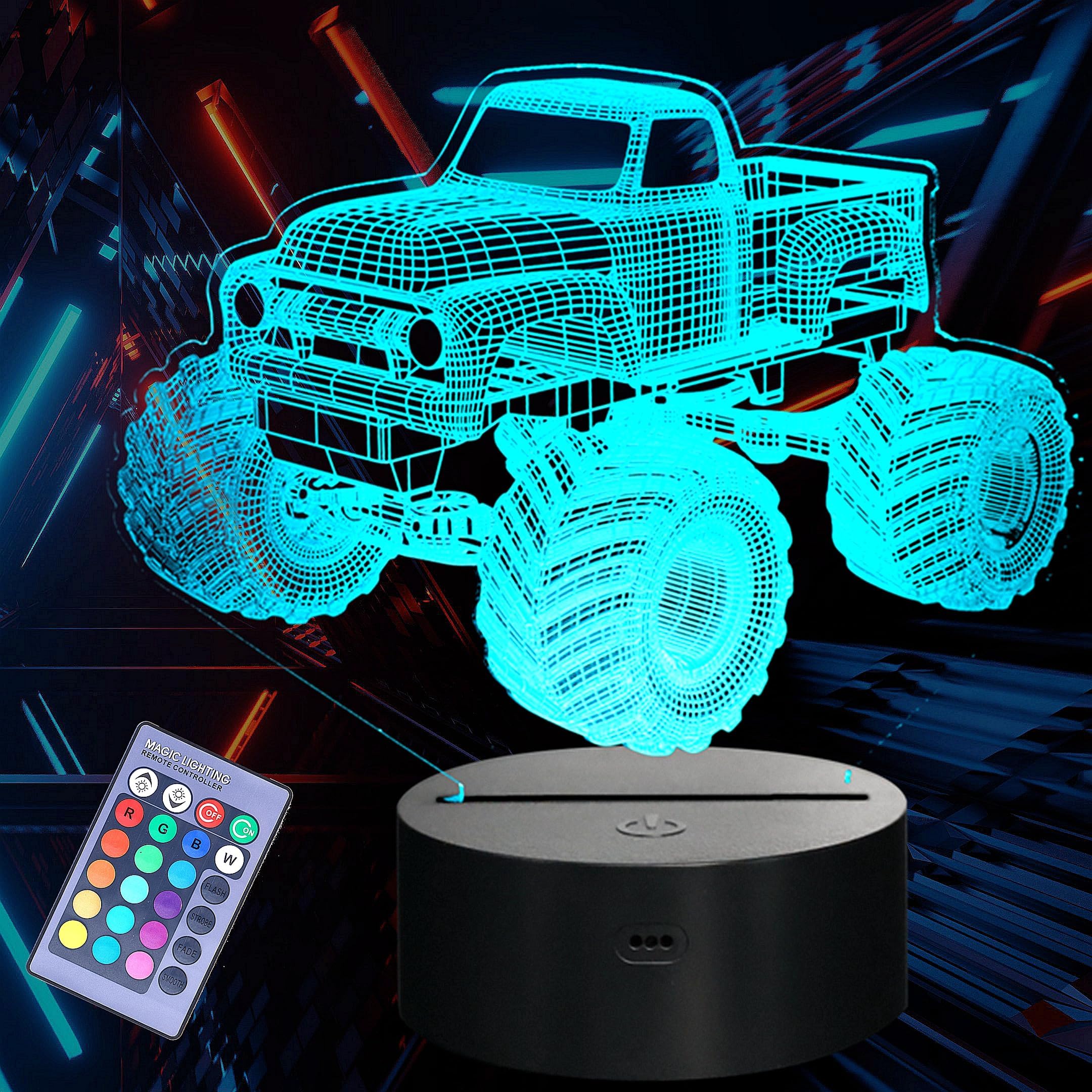 Monster Truck 3D Illusion Night Light - Remote-Controlled 16 Color LED Lamp with Timer & Dimmer - Ideal Gift for Kids and Truck Enthusiasts for Christmas and Birthdays