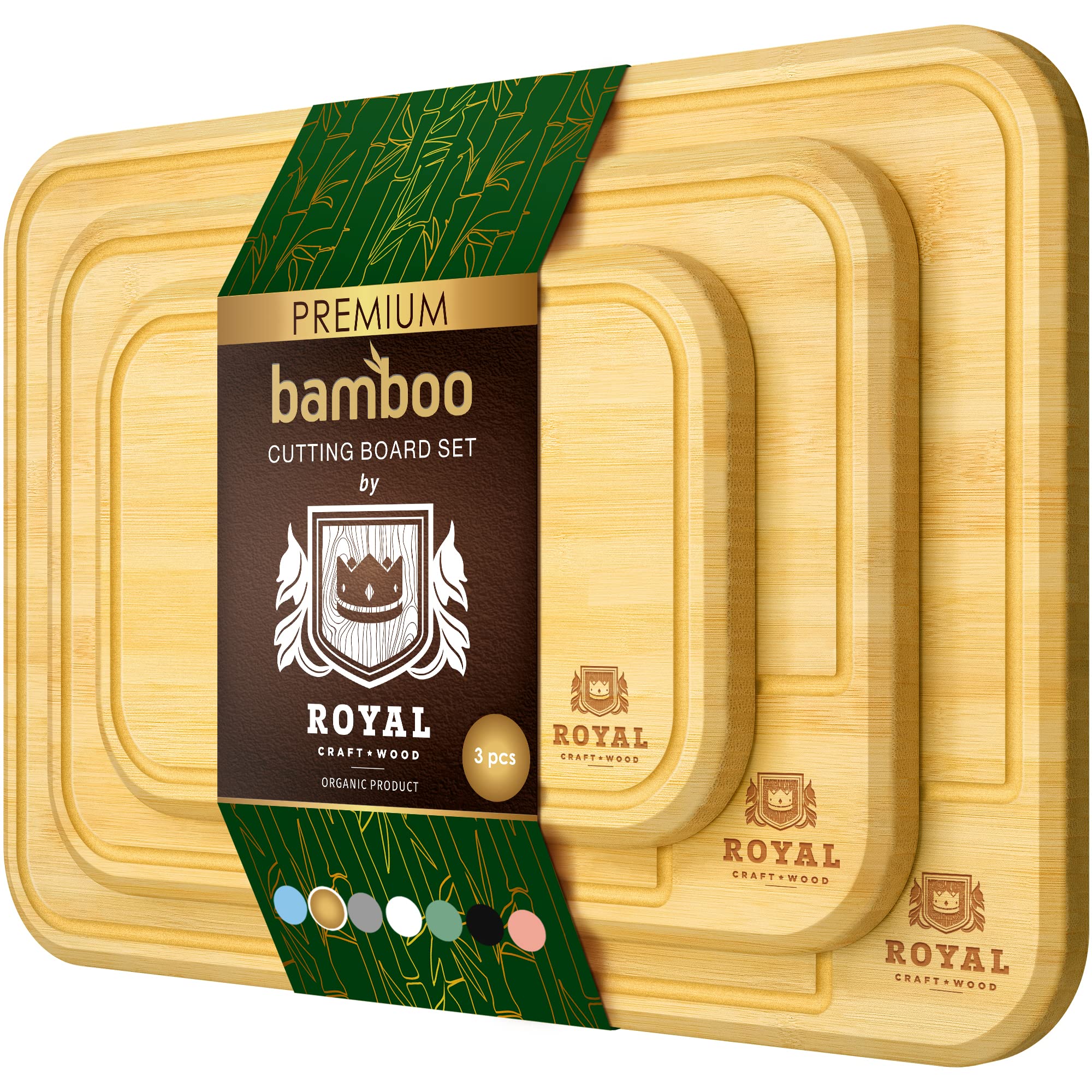 ROYAL CRAFT WOOD Premium Set of 3 Cutting Boards for Kitchen - Wood Chopping Boards & Serving Trays - Bamboo Butcher Block with Juice Groove & Easy Grip Handles for BBQ, Fish & Brisket