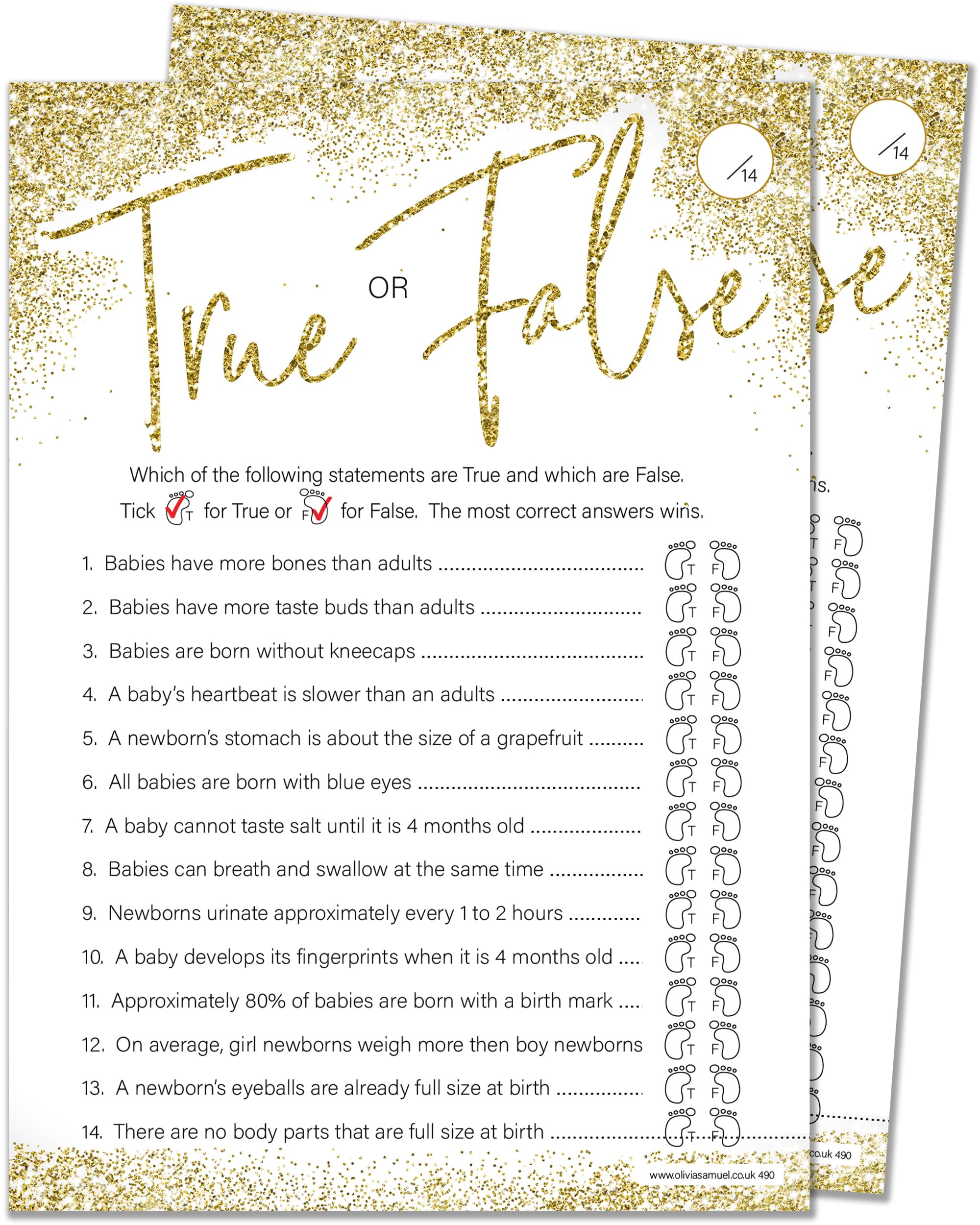 Olivia SamuelTrue or False Baby Shower Game for up to 30 Players from Gold Sparkle Design with Winner Certificate – Unisex – Made in the UK