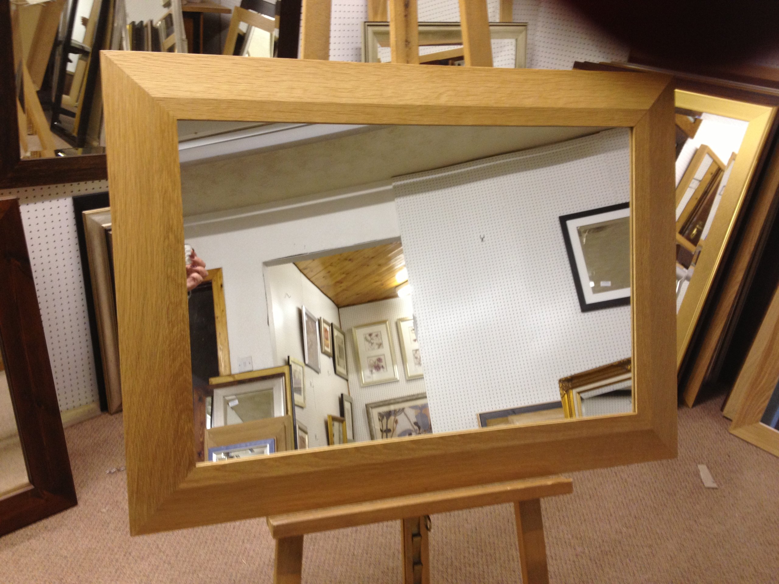 LARGE 4" SHAPED SOLID OAK WALL OVERMANTLE MIRRORS - VARIOUS (Plain Mirror Glass, 23" x 19")