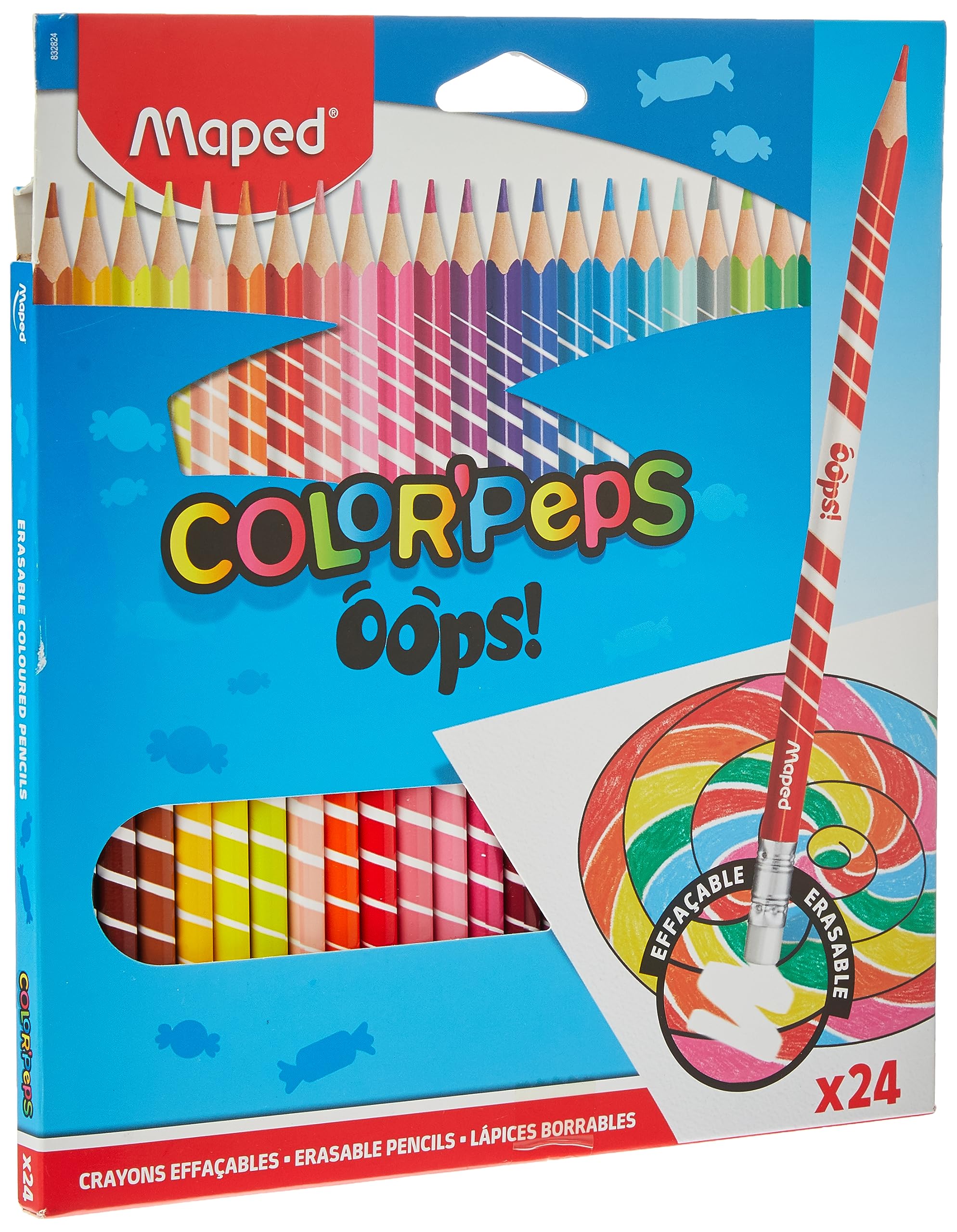 Maped Colour Oops Color'Peps-24 Colouring Pencils with Triangular Ergonomic Eraser Tip - Pack of 24 Erasable Resin Pencils, 832812