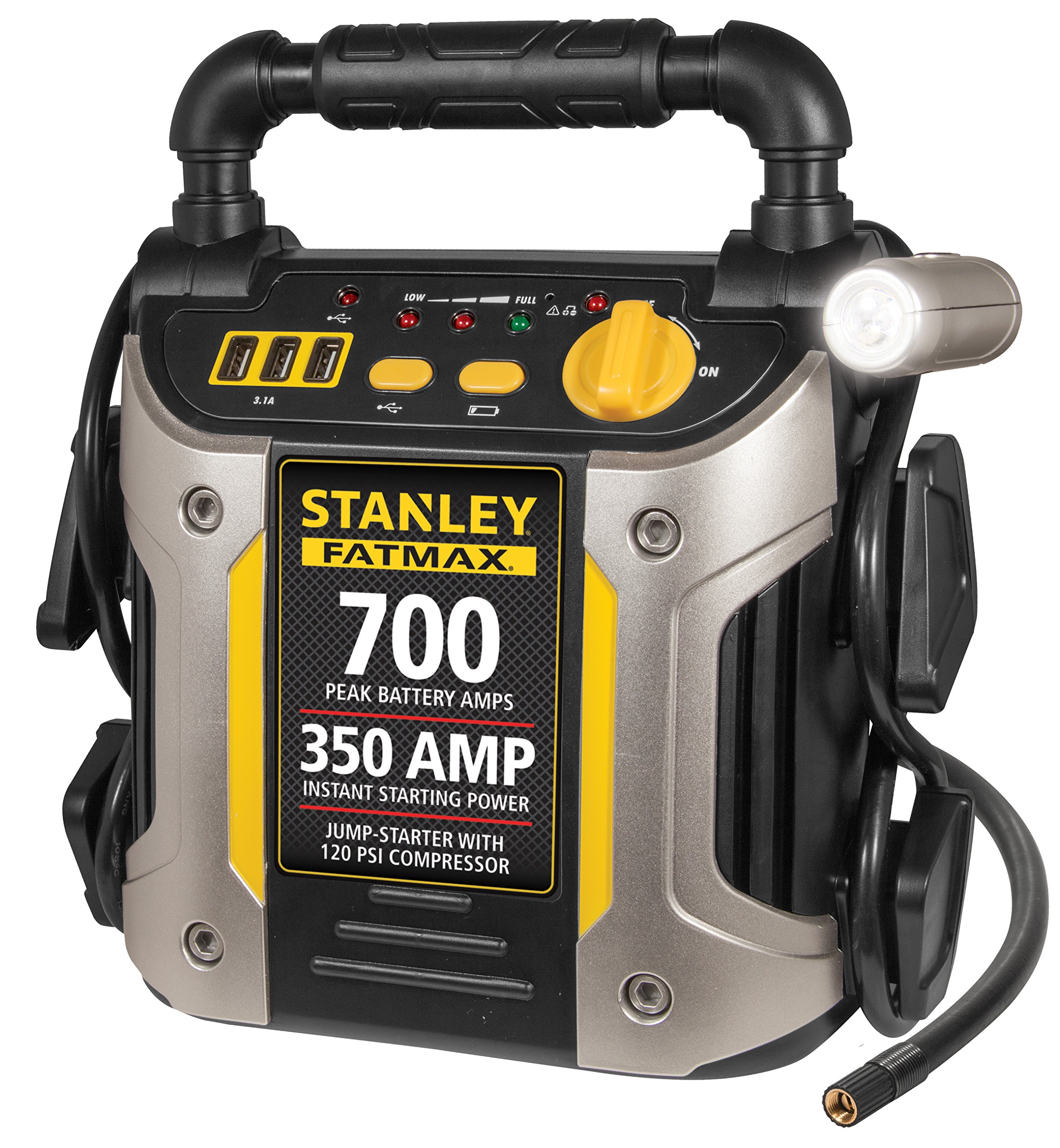 STANLEYJ7CS 700 Peak Amp Automotive Jump Starter, Portable Power – Triple 15W USB Ports, 120 PSI Air Compressor