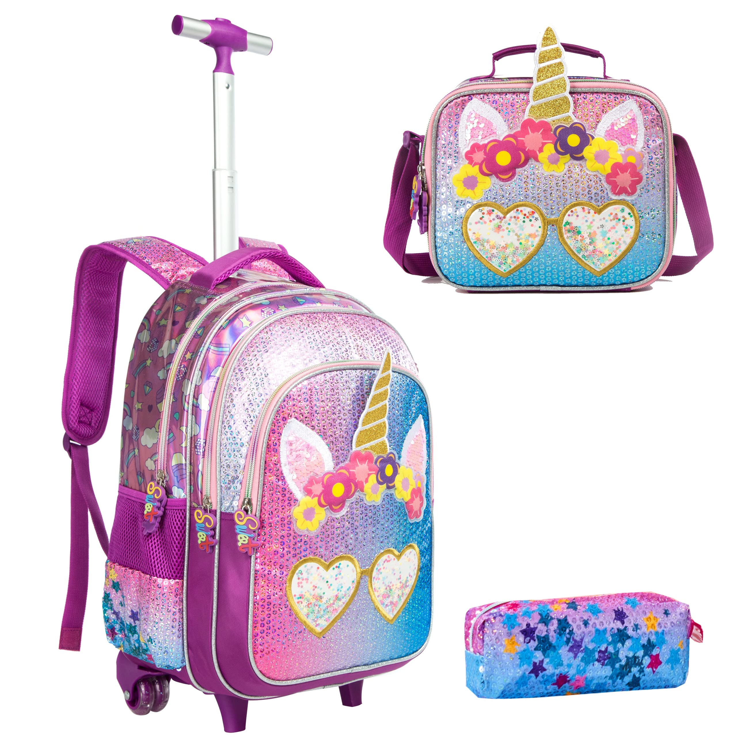 HTgroce Unicorn school bag, backpack trolley with 2 wheels for children, girls, nylon, children's school trolley, suitable for school and travel, with lunch bag and pencil case., Smile Unicorn