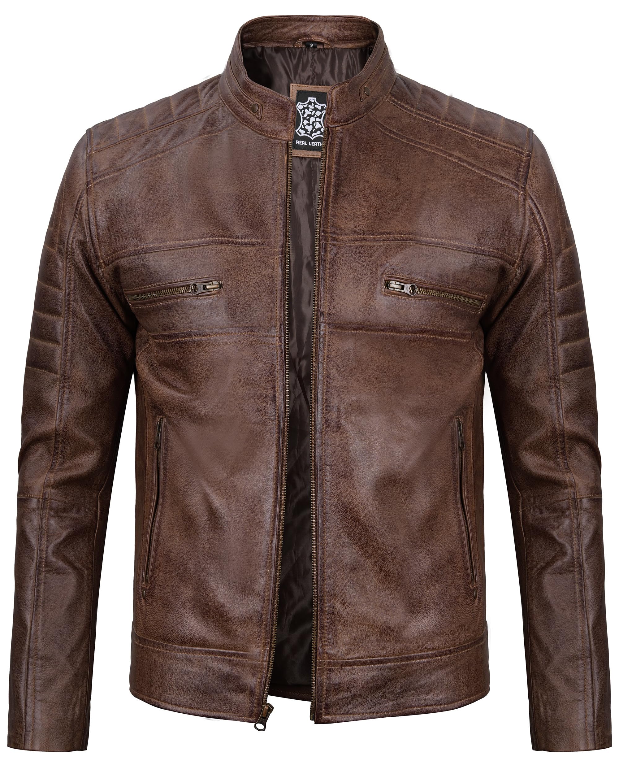 fjacketsCafe Racer Leather Jacket Men - Real Lambskin Natural Grain Leather Motorcycle Jackets For Mens