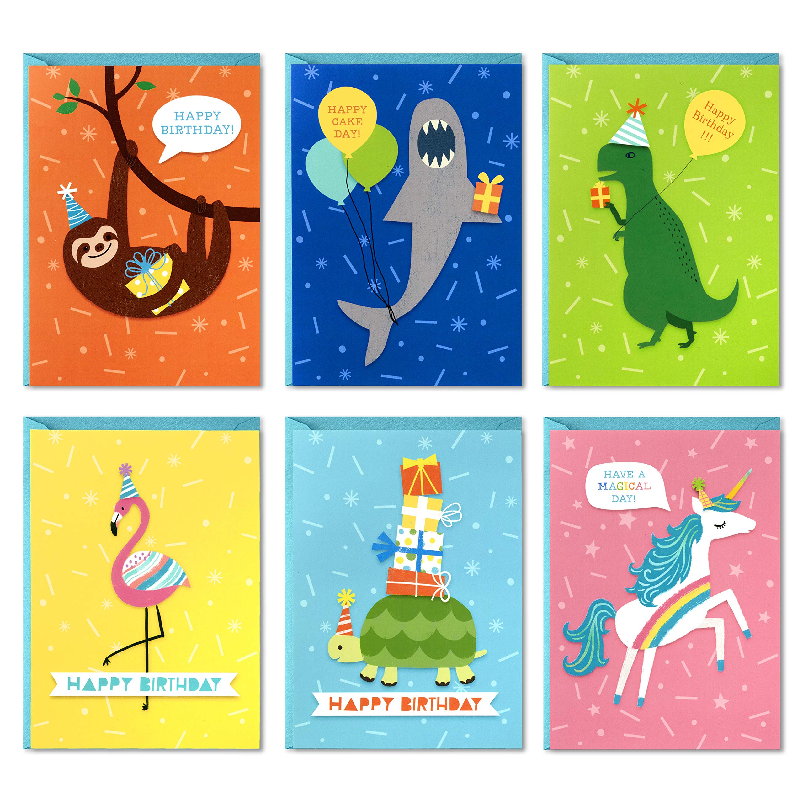 Hallmark Birthday Cards for Kids Assortment, 48 Cards with Envelopes Dinosaurs, Sloths, Unicorns, Flamingos, Turtles, Sharks, 5STZ1032