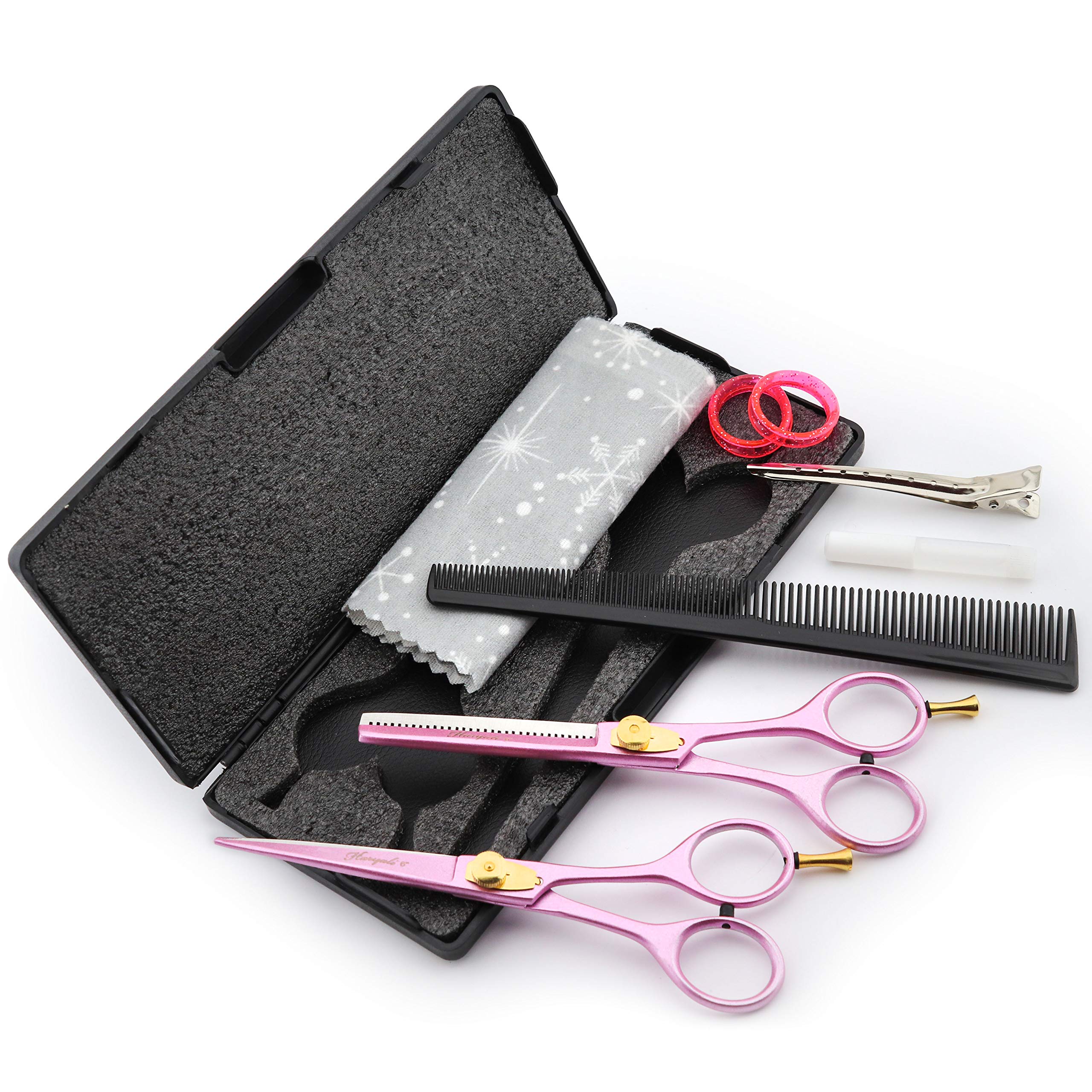 Hairdressing Scissors Set - 6 Inches Pink Professional Hair Cutting Scissors Set - 2 Thinning Shears with Adjustable Screw - Hairdressing Comb