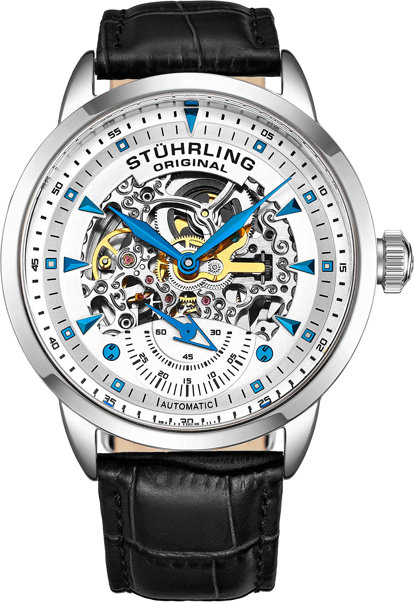 Stuhrling OriginalSTUHRLING Original Mens Automatic Watch Skeleton Watches for Men - Black Leather Watch Strap Mechanical Watch Silver Executive Watch Collection