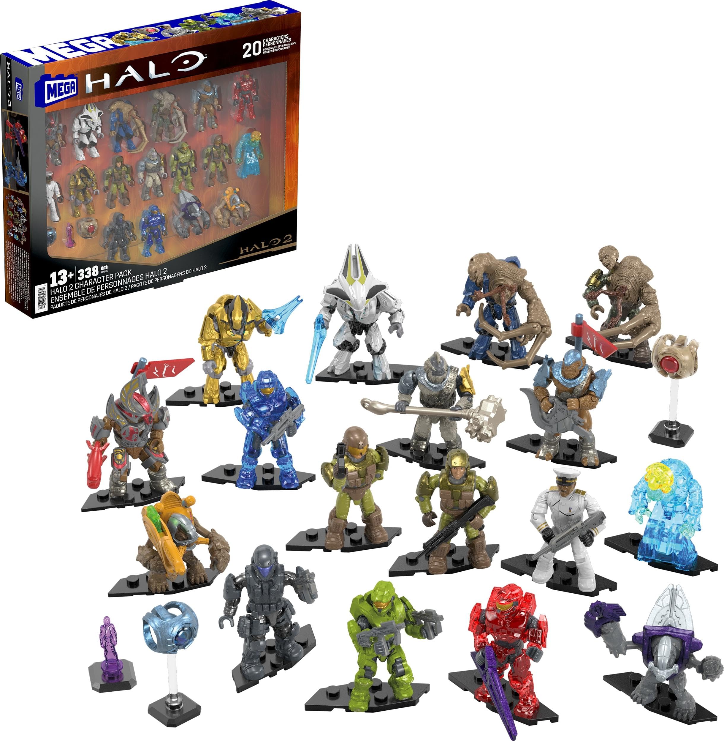 Mega Halo Action Figures Building Toys Set, Character Pack with 338 Pieces, Poseable Articulation, 2 Inches Tall, Kids or Adult Collectible