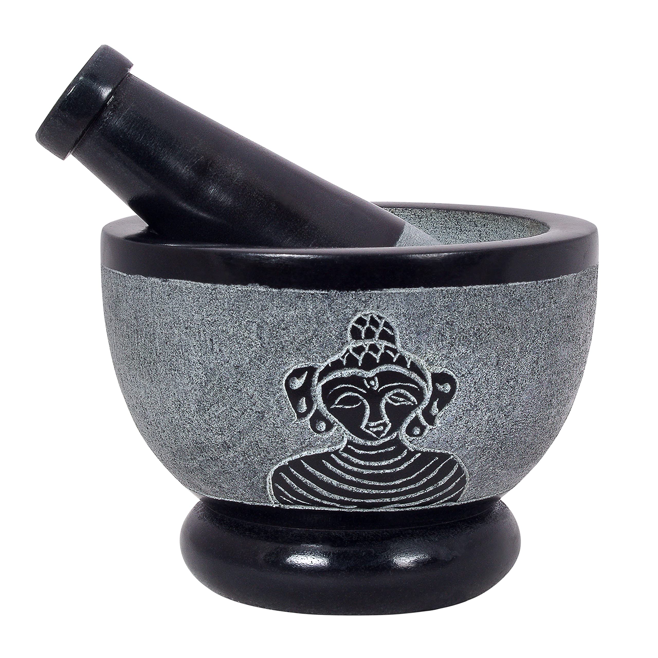 Divit ShilpMortar and Pestle, Made of Heavy Duty Polished Hard Stone, Natural Stone Grinder for Spices, Pastes, Herbs, Seasoning etc. (Buddha)